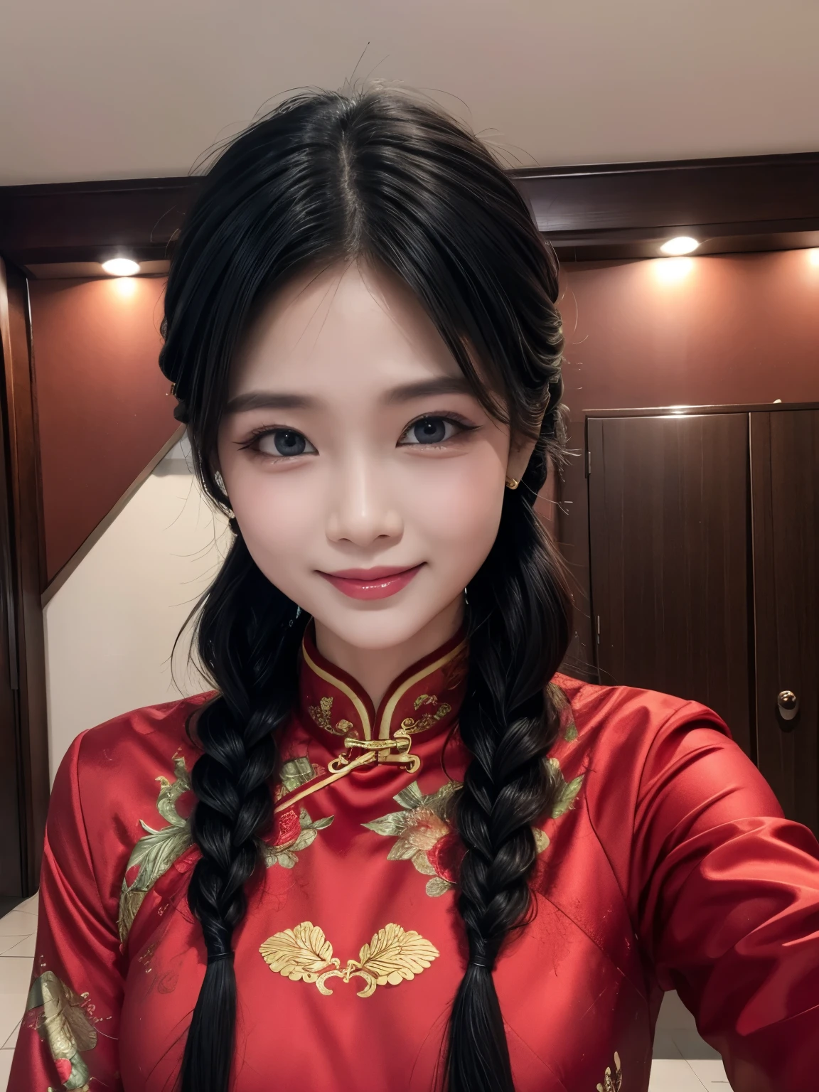 Eyes are very fragile，Double braids with cheongsam，Chinese New Year Decorations（（Smiling artwork）））， （（best quality））， （（Intricate details））， （（Surreal））（8K）