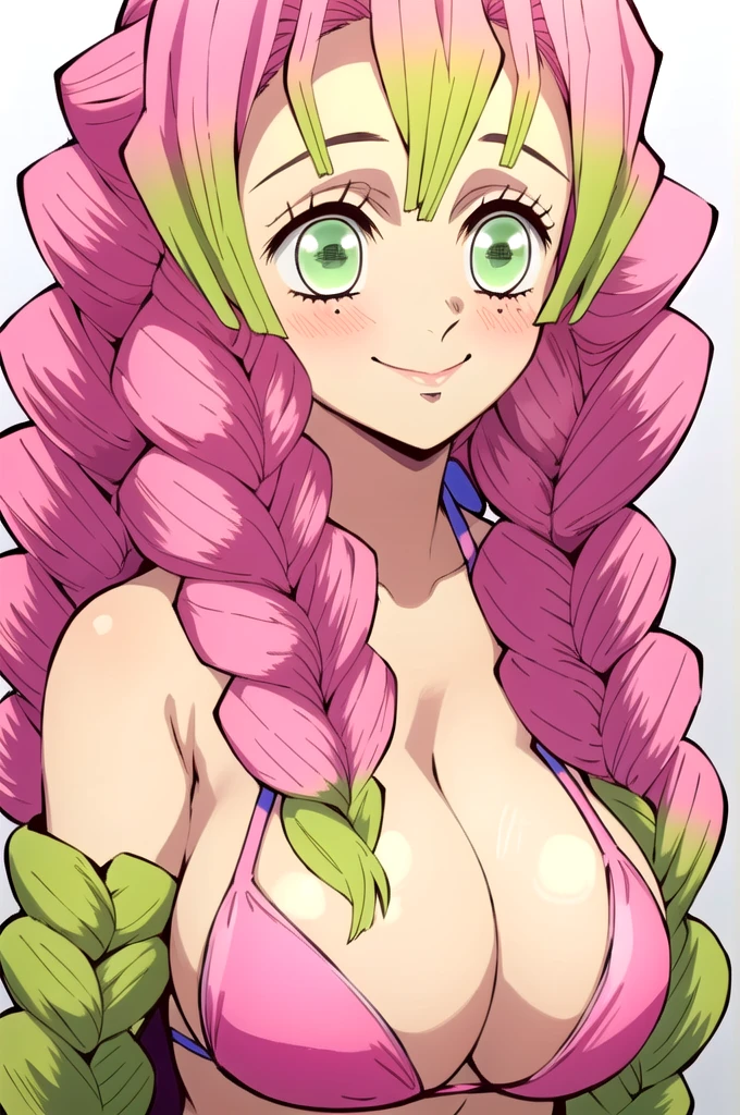 (masterpiece, best quality),  intricate details,
MitsuriKanroji,  kanroji mitsuri, 1girl, solo, long hair, winking, green eyes, pink hair, braid, green hair, twin braids, smile, cute smile, blushed smile, blush, blushing, large breast, huge breasts, bikini top, headshot, collarbone, neck, bare shoulders, pink bikini top, cleavage, in frame, peeker, top angle, shot from above, head shot, perfect shot, plain background, white background, photoshoot, complete head in frame, top of head