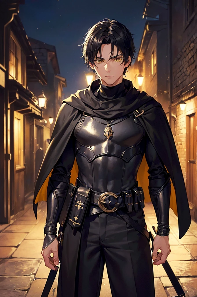 (masterpiece; best quality: 1.2), (finely detailed eyes: 1.3), ((25 year old man)), ((solo)), (yellow eyes: 1.4), (body; lithe, toned, masculine: 1.3), (very short black hair: 1.3), (beautiful and clear background: 1.2), ((depth of field)), (clothes: black assassin attire + black turtleneck + black pants + black cloak + leather armor + belts + traveler pouches and satchel: 1.3), (anime illustration: 1.2), (background; medieval slums alleyway + night: 1.1), (extremely fine and handsome: 1.1), (shot composition; standing + centered on torso + close-up: 1.5), (expression; calm, stoic: 1.2)