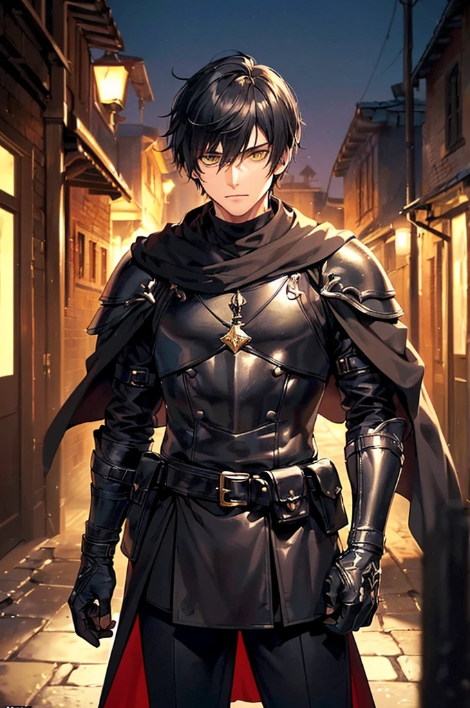 (masterpiece; best quality: 1.2), (finely detailed eyes: 1.3), ((25 year old man)), ((solo)), (yellow eyes: 1.4), (body; lithe, toned, masculine: 1.3), (very short black hair: 1.3), (beautiful and clear background: 1.2), ((depth of field)), (clothes: black assassin attire + black turtleneck + black pants + black cloak + leather armor + belts + traveler pouches and satchel: 1.3), (anime illustration: 1.2), (background; medieval slums alleyway + night: 1.1), (extremely fine and handsome: 1.1), (shot composition; standing + centered on torso + close-up: 1.5), (expression; calm, stoic: 1.2)
