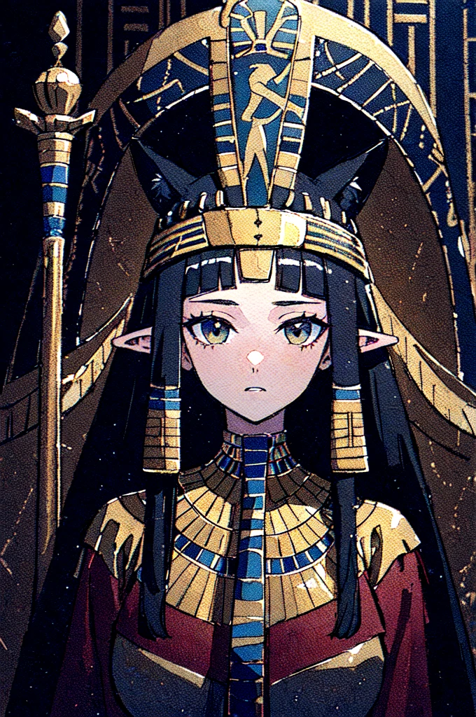 (masterpiece, Highest quality, Highest quality, Official Art, beautifully、aesthetic:1.3), (One woman:1.3), Very detailed, colorful, Most detailed,((Super detailed)), (Highly detailed CG illustrations), ((Very delicate and beautiful)), Cinematic Light, alone, (Abstract art:1), whole body, night, ((ancient Egypt theme)), (Jackal ear decoration), pyramid, staff, (Money), Moneyen ornaments, ((Expressionless)), Large Breasts,Pharaoh, Hieroglyphics, Portraiture, Active Pause, Headlight, tooth, Sitting, relic,