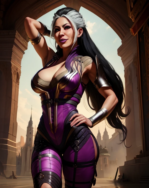 sindel,black hair,multicolored hair,lips,brown eyes,purple bodysuit,cleavage,grin,tiara,
standing,upper body,morning,royal castle,
(insanely detailed, beautiful detailed face, masterpiece, best quality),arm behind head,shining armpits,smile kindly