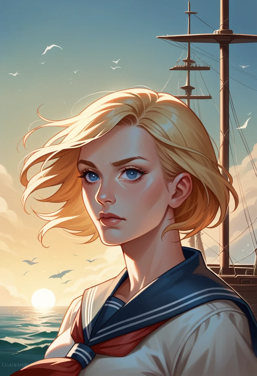 {{work of art, best qualityer, extremely detailed CG, unity wallpaper 8k, cinematic lighting, }}, Sony α7, long molding, South Pacific, during the war with the Asian powers, wind blowing on the Aegis ship, 1 girl, whole body, ssmile, she is a sailor in the US Navy, caucasiano, 20 years old, ssmile, hair blonde, short bob, blue colored eyes , long eyelashes ,