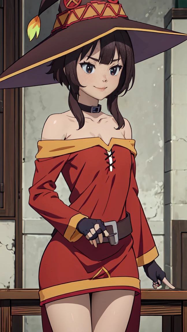 Artgerm, table, Best quality, extremely detailed, table, Best quality, Megumin, 1 girl in, bare shoulders, beautiful buttocks, стоит опершись о table, very sexy, smile, cheerful, Black e.g, black gloves, black hair, e.g, necklace, clavicle, dress, hair between eyes, It has, long sleeves, I look at the viewer, Medium hair, off shoulder dress, off the shoulders, Red dress, Red eyes, side locks, One, witch hat, in room