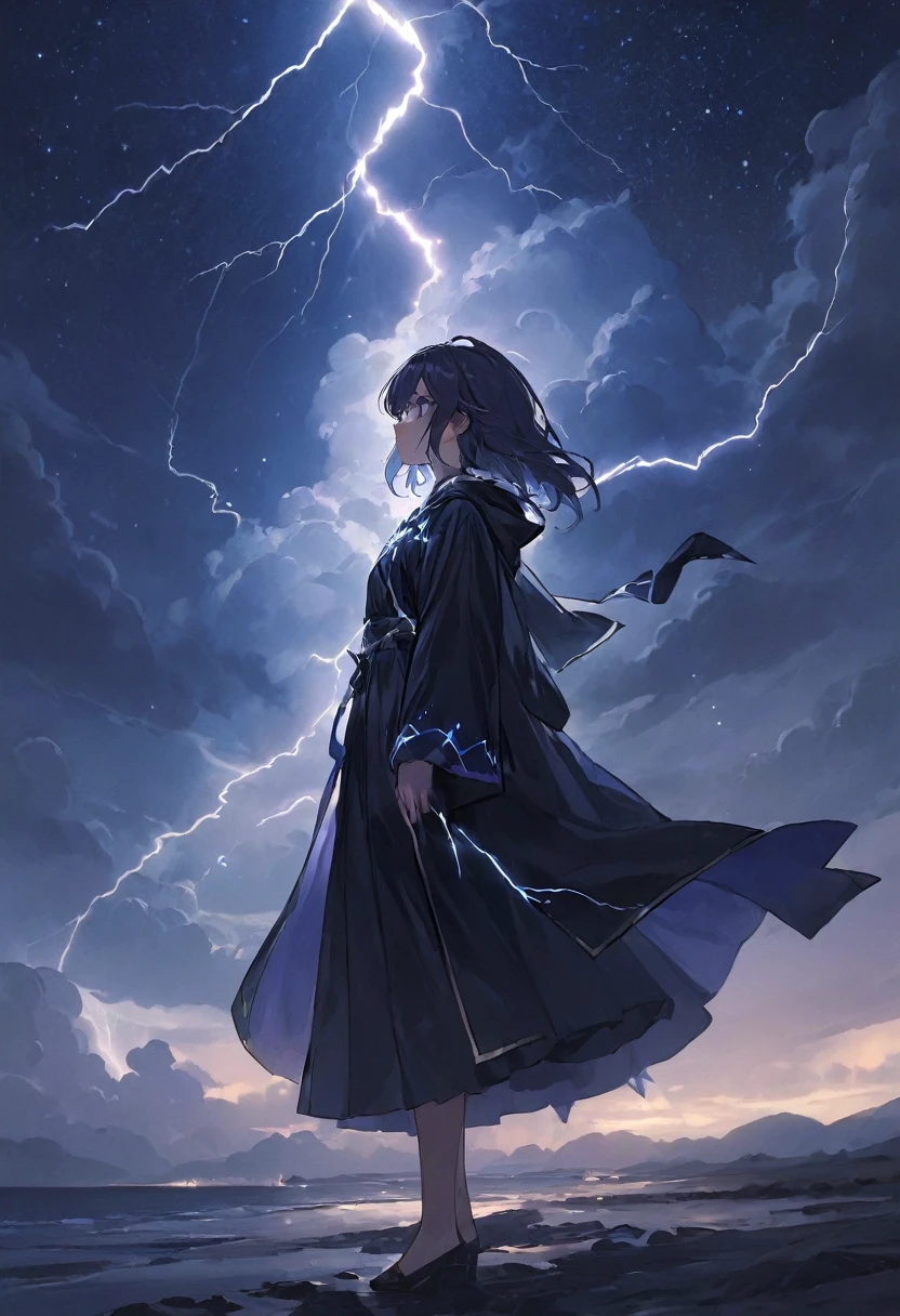 thinking , black clothes , masterpiece , cloudly night full stars , mage robe , 1girl , lightning , soft light