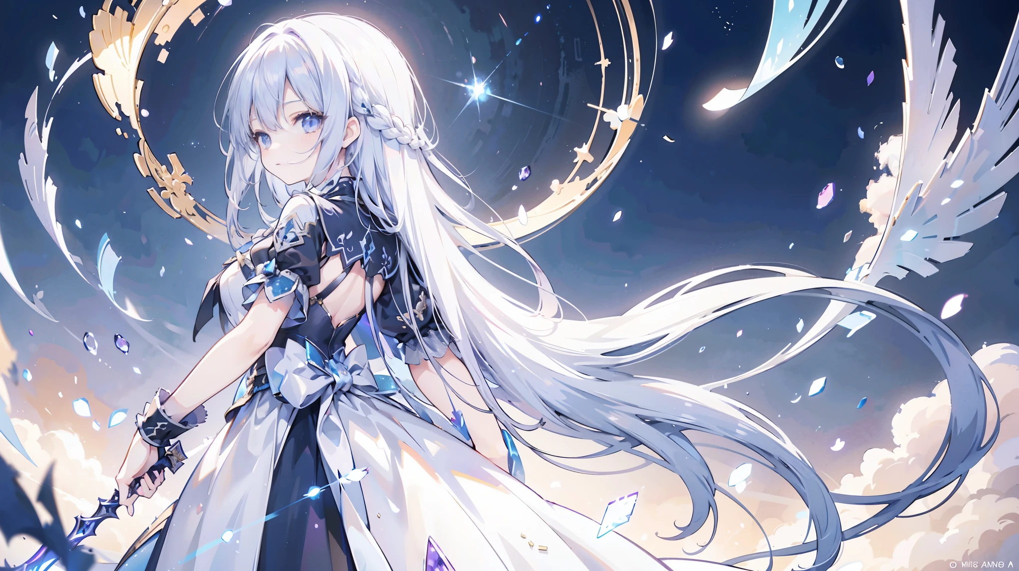 This image is a digital artwork inspired by anime and manga, exuding a fantasy atmosphere. In the center, there is a character with long silver hair, elegantly dressed in a combat outfit with black and gray armor. She carries a large sword on her back, its hilt extending towards the sky.

Surrounding the character are fragments of blue-purple crystals or mirror-like pieces floating in the air, reflecting light. The background consists of a sky with clouds, with mysterious light seemingly descending from the sky. Additionally, between the foreground and background of the image, the word "Igallta" is scattered in various directions in alphabets and symbols.

The use of light and shadow, the dynamic pose of the character, and the floating objects create a sense of visual depth and movement in the image. Overall, this artwork is narrative, prompting viewers to imagine the story behind the character.