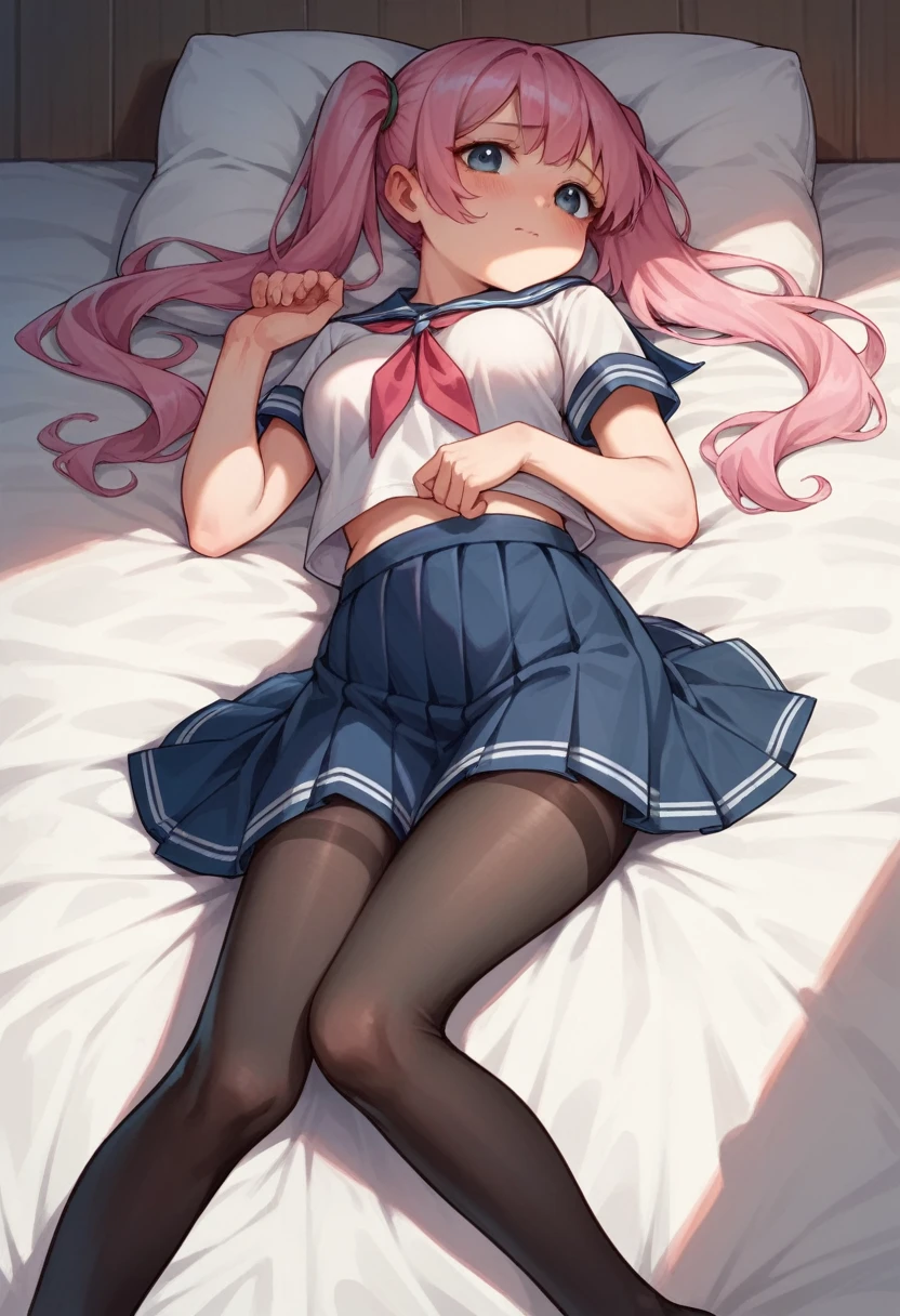 black pantyhose,li,sailor,skirt,cute,lying,,pink hair,twintails,,shy,medium breasts