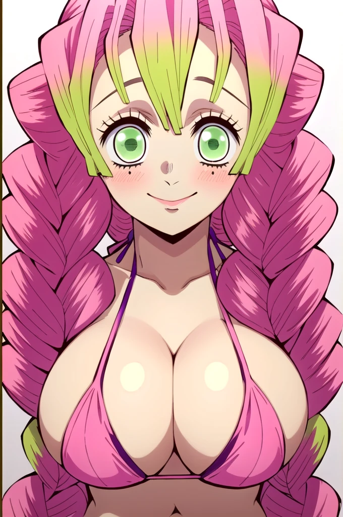 (masterpiece, best quality), intricate details,
MitsuriKanroji, kanroji mitsuri, 1girl, solo, long hair, winking, green eyes, pink hair, braid, green hair, twin braids, smile, cute smile, blushed smile, blush, blushing, large breast, huge breasts, bikini top, headshot, collarbone, neck, bare shoulders, pink bikini top, cleavage, in frame, peeker, top angle, shot from above, head shot, perfect shot, plain background, white background, photoshoot, complete head in frame, top of head, zoomed out
