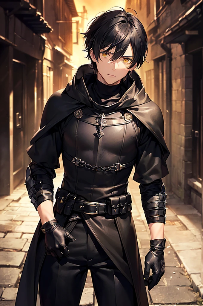 (masterpiece; best quality: 1.2), (finely detailed eyes: 1.3), ((25 year old man)), ((solo)), (yellow eyes: 1.4), (body; lithe, toned, masculine: 1.3), (very short black hair: 1.3), (beautiful and clear background: 1.2), ((depth of field)), (clothes: black assassin attire + black turtleneck + black pants + black gloves +black cloak + leather-armor + belts + traveler pouches and satchel: 1.3), (anime illustration: 1.2), (background; medieval slums alleyway + night: 1.1), (extremely fine and handsome: 1.1), (shot composition; standing + centered on torso + close-up: 1.5), (expression; calm, stoic: 1.2)