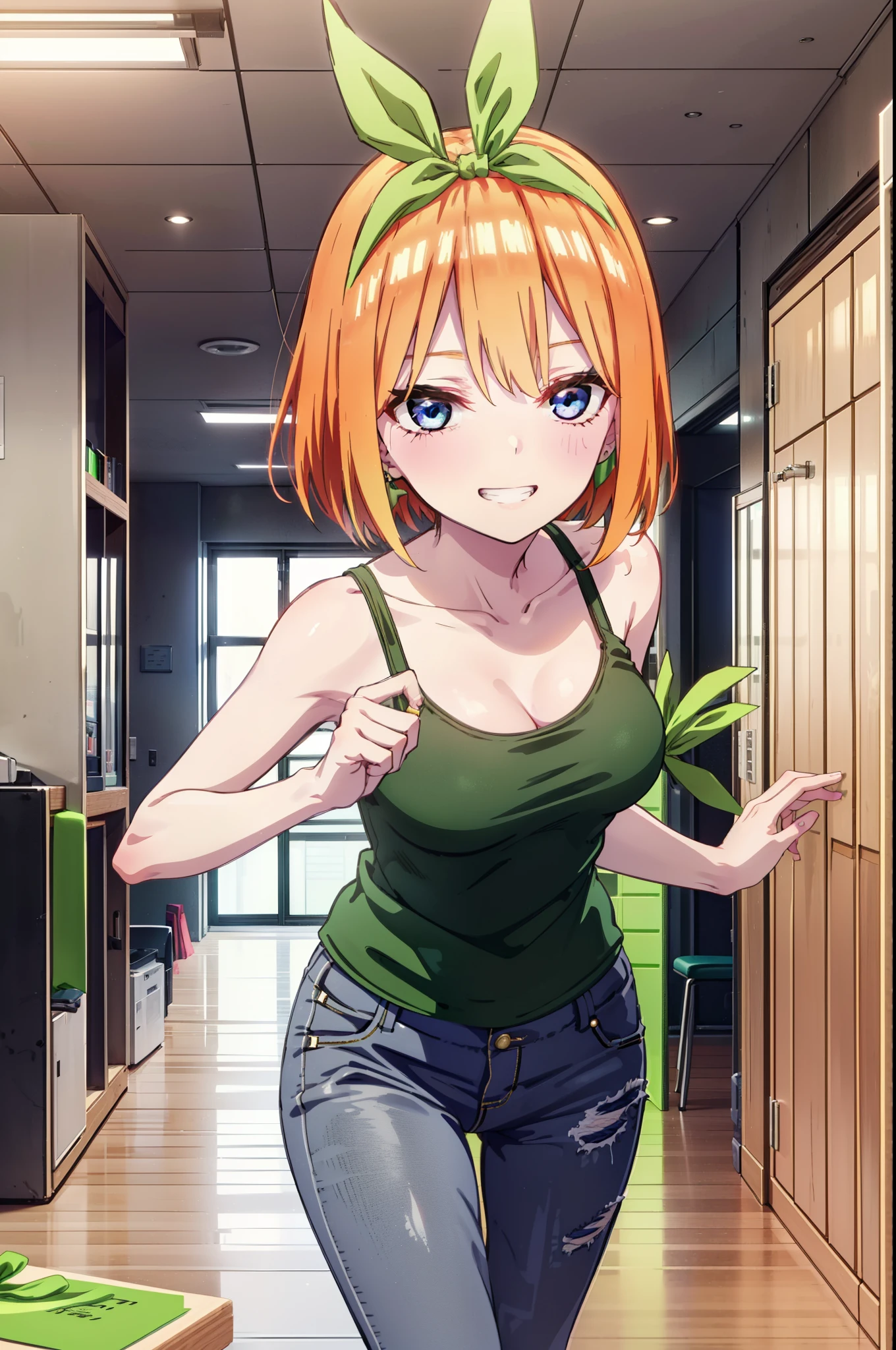 Yotsubanakano, Yotsuba Nakano, bangs, short hair, blue eyes, Hair between the eyes, hair ribbon, hair band, Orange Hair, (Green ribbon:1.5), ponytail,smile, Grin,Green tank top,Skinny jeans,Stiletto heels,There is a computer on the table,interior,Walking,whole bodyがイラストに入るように,
break indoors, オフィス
break looking at viewer, whole body,
break (masterpiece:1.2), Highest quality, High resolution, unity 8k wallpaper, (figure:0.8), (Beautiful attention to detail:1.6), Highly detailed face, Perfect lighting, Highly detailed CG, (Perfect hands, Perfect Anatomy),