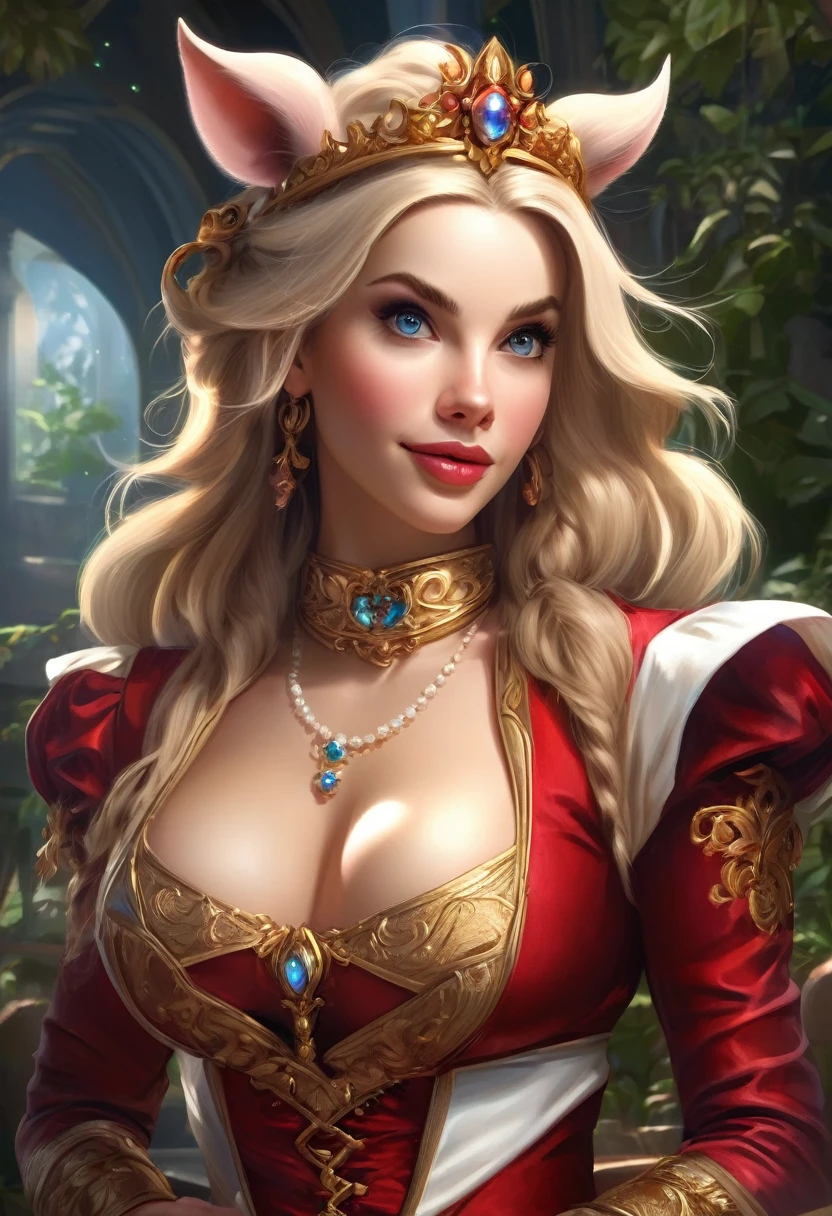An anthropamorphic pig woman, pig nose, pig ears. extremely beautiful model, female, long blonde hair, perky breasts, cleavage,, oppulentform fitting hooped skirt, red corset, large exagerated extravagant tiara. Wide Smile, Eyes Detailed & Wide, sexy Pose. Ultra HD, Rococo-Inspired Fantasy Art With Intricate Details. Cute, dress. Charming Expression, Alluring-Gaze, looking at viewer Beautiful Eyes, An-Ideal-Figure. Large Youthful Well-Shaped-Breasts, Attractive ass showcased. Massive-Round-Bosom, Décolletage. slim waist, fit body, full lipsWarm lights , woman in a dreamy forest at night, with fluffy hair, delicate face, realistic, real, slim, large aperture, sexy shots, attractive poses,Stunningly beautiful merge of , Alison Brie, Dove Cameron, Scarlett Johanson, . symmetrical face, photorealistic, photography, path tracing, specular lighting, volumetric face light, path traced hairmaximum quality{(masutepiece) (8K High Resolution) (top-quality)