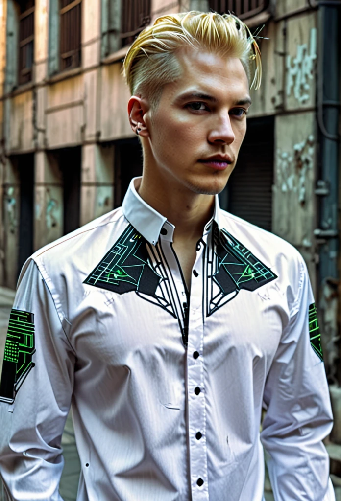 Matrix cyberpunk shirt blond man futuristic embroidery on a men's shirt, cyberpunk cyberpunk patterns are embroidered near the neck, sleeves without patterns, only a computer circuit is embroidered near the neck i