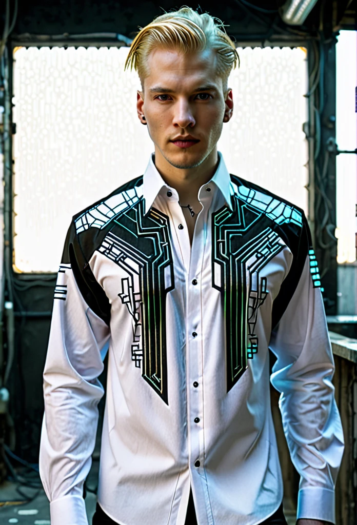 Matrix cyberpunk shirt blond man futuristic embroidery on a men's shirt, cyberpunk cyberpunk patterns are embroidered near the neck, sleeves without patterns, only a computer circuit is embroidered near the neck i