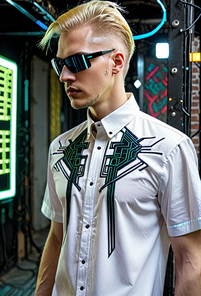 Matrix cyberpunk shirt blond man futuristic embroidery on a men's shirt, cyberpunk cyberpunk patterns are embroidered near the neck, sleeves without patterns, only a computer circuit is embroidered near the neck i