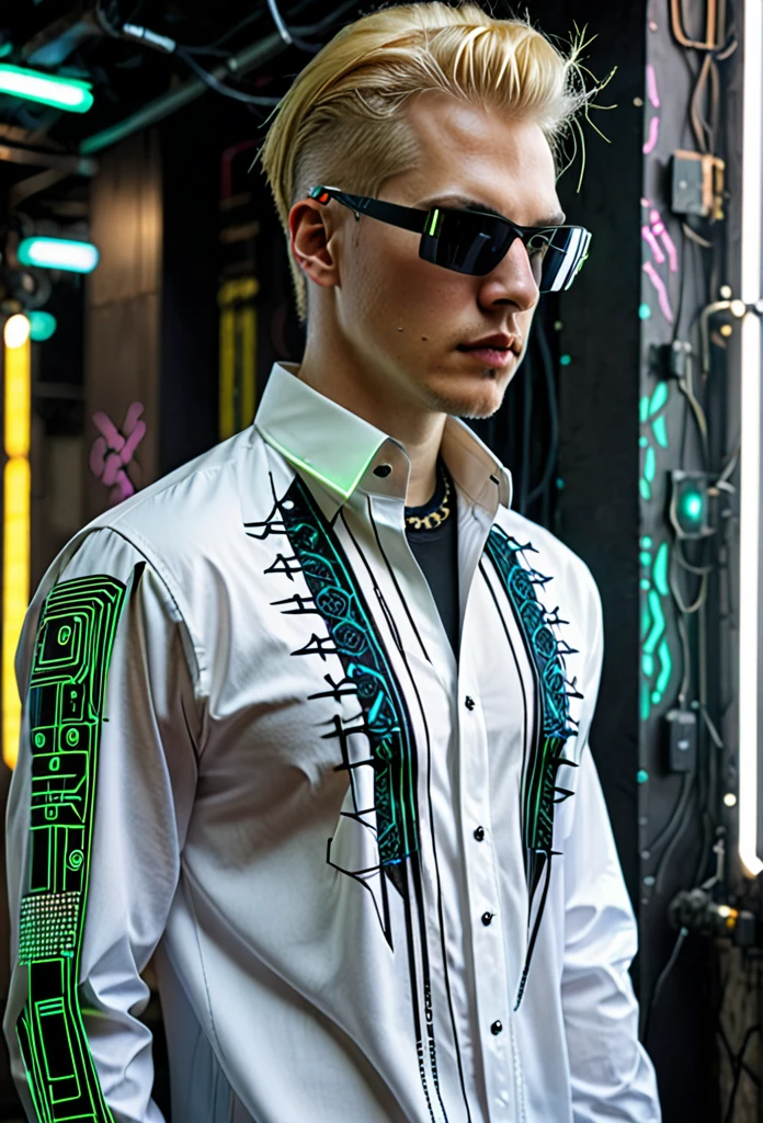 Matrix cyberpunk shirt blond man futuristic embroidery on a men's shirt, cyberpunk cyberpunk patterns are embroidered near the neck, sleeves without patterns, only a computer circuit is embroidered near the neck i