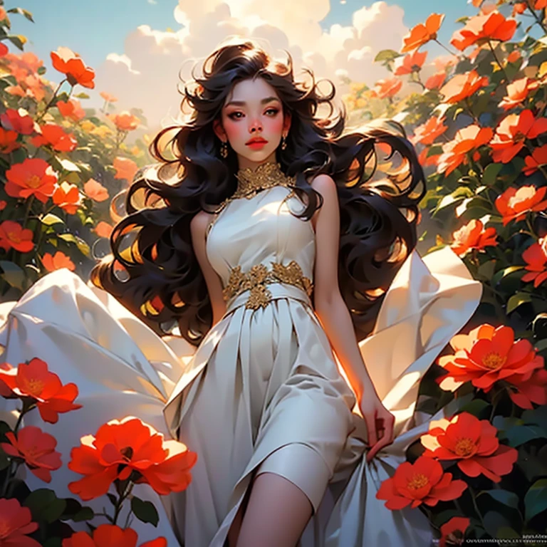 Young and incredibly beautiful woman standing in a flower field in a thin white sensual dress, sensual expression, translucent skin, legs spread wide, hands on crotch, erotic, 8k, highly detailed, realistic, dramatic lighting, vibrant colors, romantic, portrait, shot from below, sunrise sky