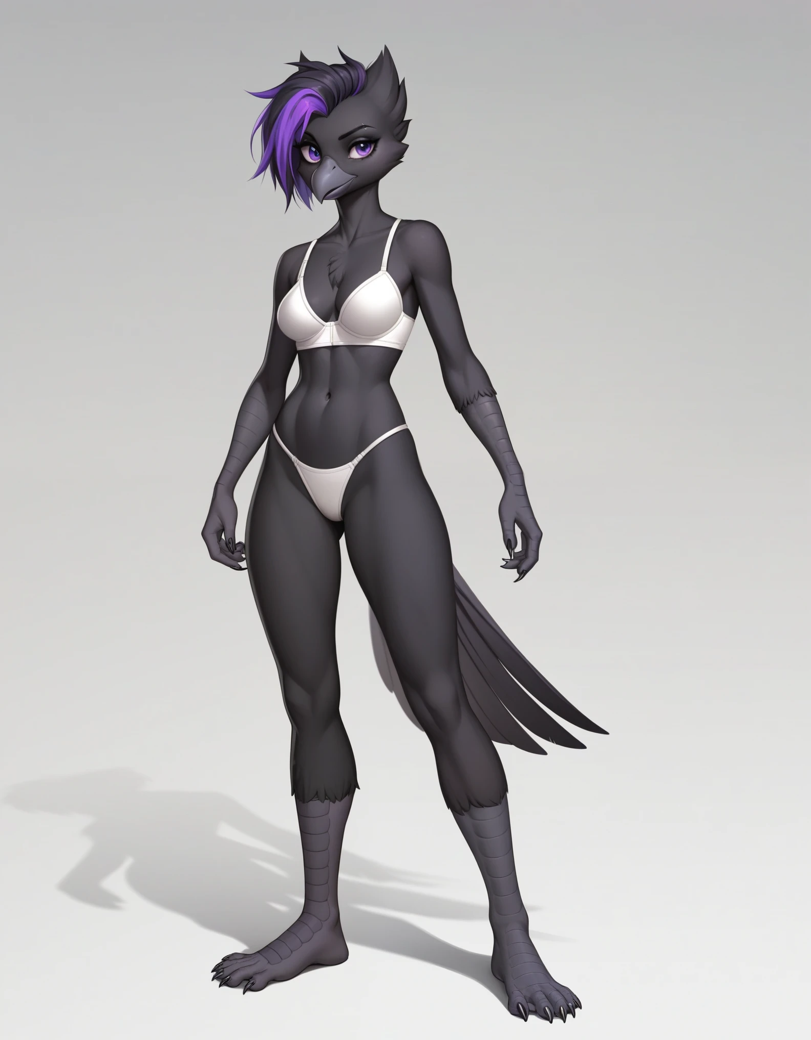 Score_9, score_8_up, score_7_up, flat colors,  an Anthro avian crow girl, female, small grey beak, tall, small crow tail, black body, standing, white background, purple eyes, short black emo hair, purple highlights in hair, hands with five fingers, wearing white bra, white thong, full body shot, barefoot, bird leg texture, bird arm texture,  5 toes, toe claws