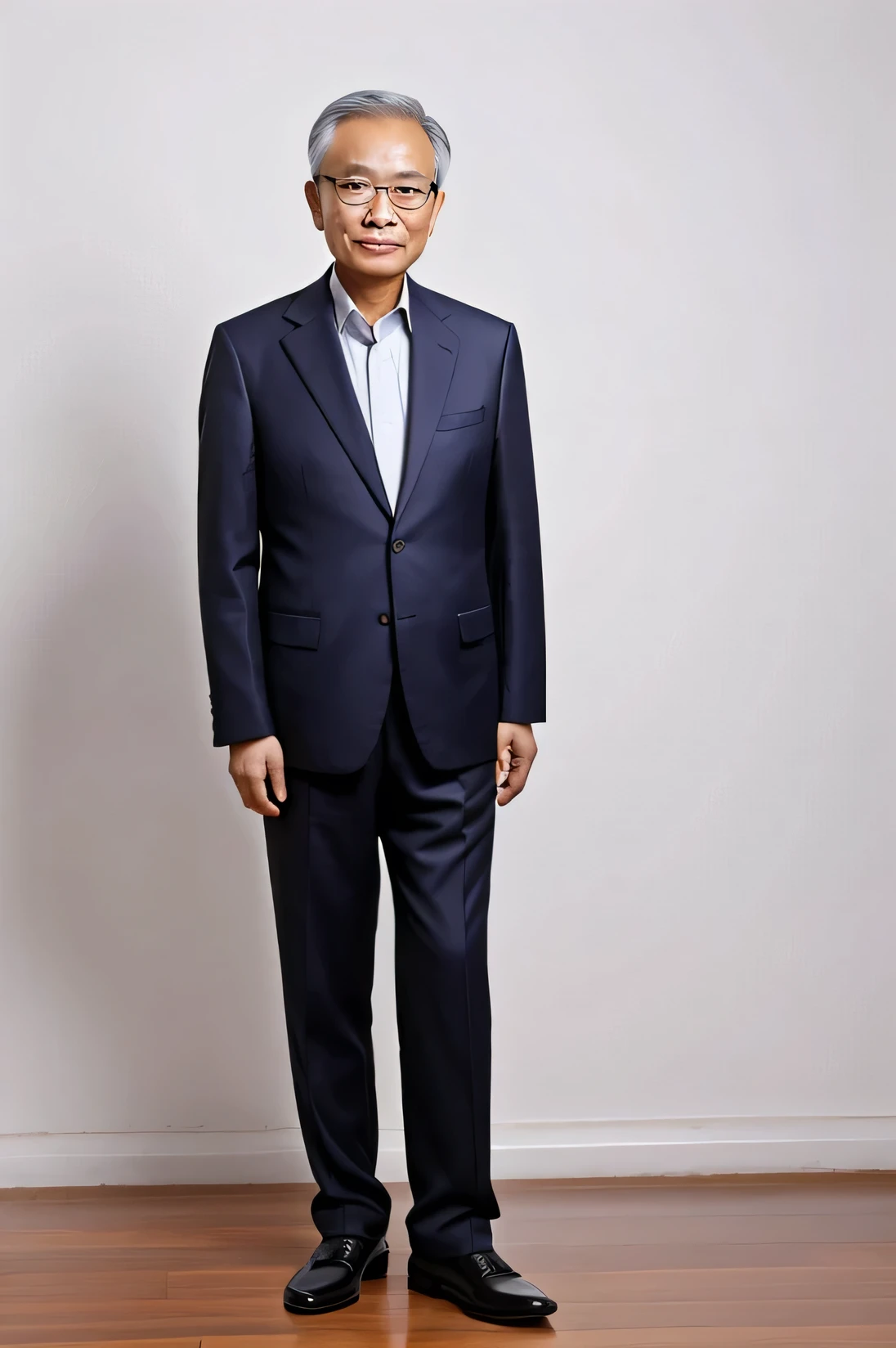 protrait photo，Chinese，70-year-old scholar，male，wear glasses，wear a suit，full-body shot，Pure white background
