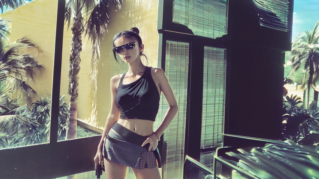 retrowavetech, virtual, House, (master part), no deserto, organic architecture, Floresta, Windows. sexy woman, tank top, (((miniskirt, black sunglasses, pistol shooting pose, standing, leaning forward))), (((((half-body thigh level medium shot)))))