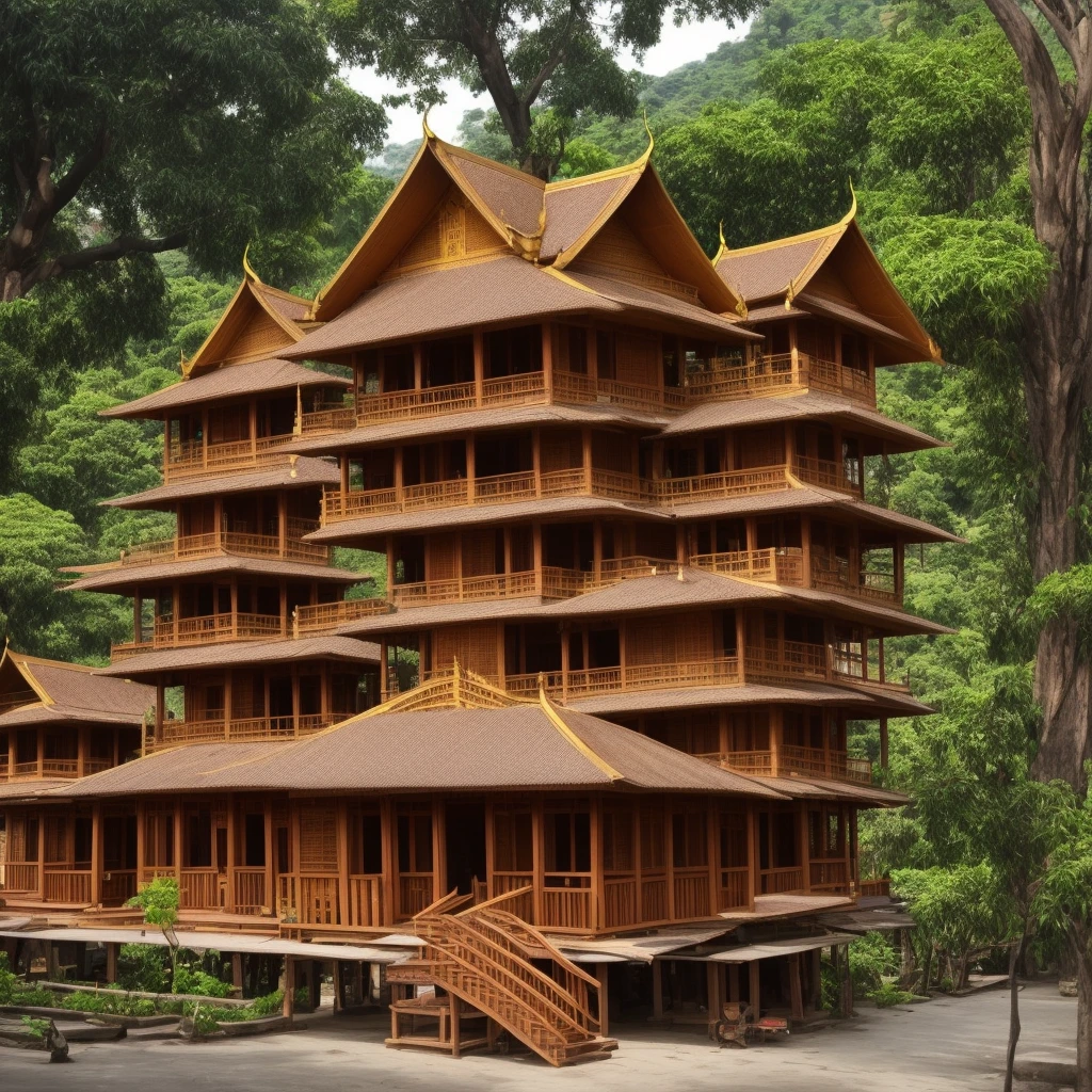 It is as if everything is subsidized by the products of the high mountains. Stacked behind Thai houses Golden teak house next to a large tree