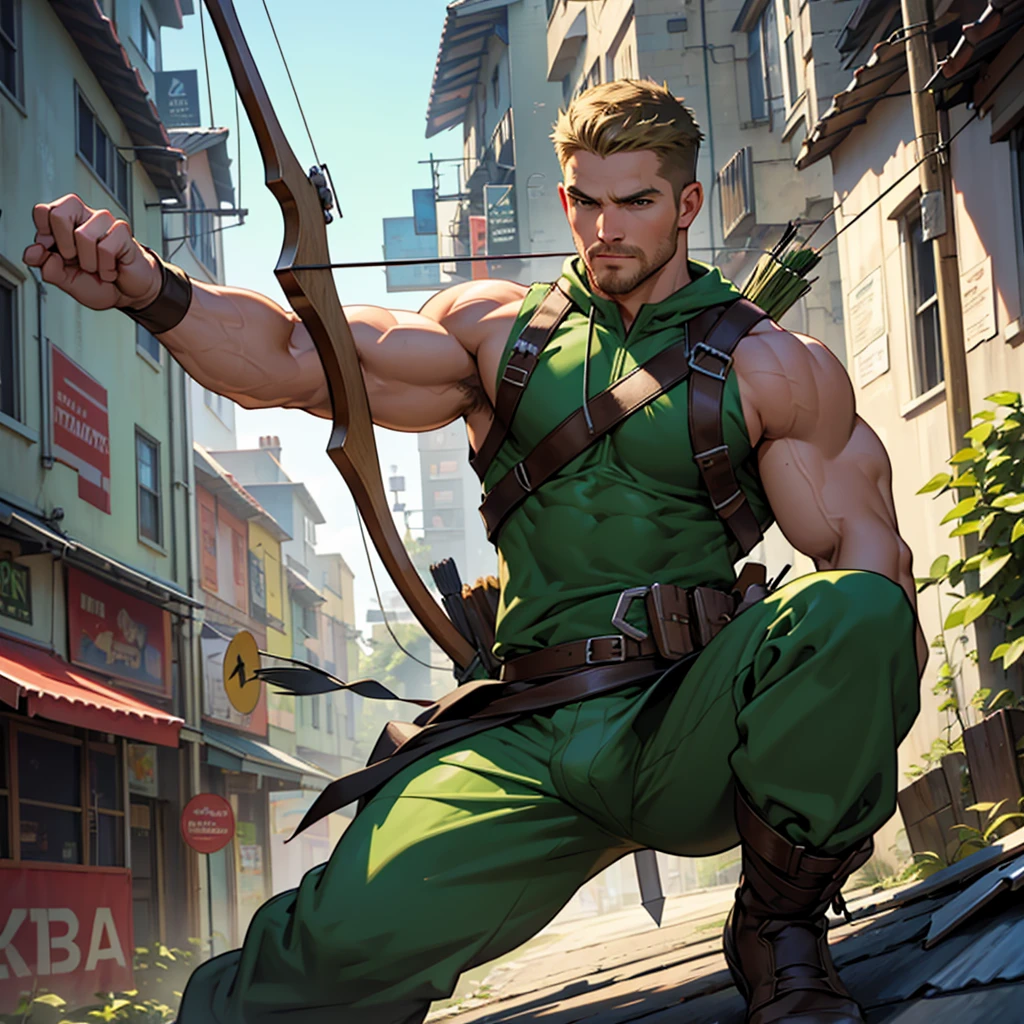 In movement ,in action , 8k, high quality , very well detailed face , detailed fingers ,detailed muscles, detailed background,  stephen amell as green arrow , wearing dark green outfit, showing a dark blond short hair WITH FADE AWAY , a well groomed facial hair , a bulge ,hunk and handsome, using his bow and arrow , aiming with his bow and arrow toward the ennemy,in action , jumping from roof to roof , in the air  , with the quiver on his back full of arrows, background cityscape at DAY LIGHT 