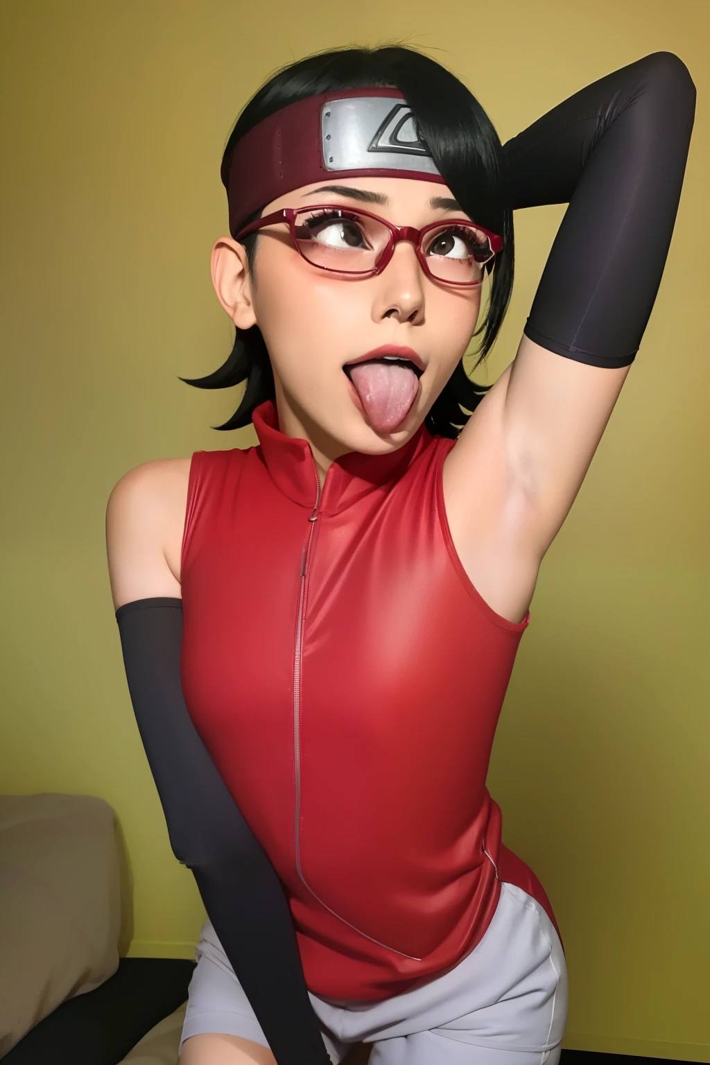 1 girl, standing, beautiful Sarada Uchiha, 18 years old, Cups, Black thighs, arm warmers, forehead protector, shorts, short hair, big chest, black eyes wearing glasses, small hips, big ass, capture anime screen, Sarada is 18 years old, mature appearance,armpits,sweat,sweaty,sweaty armpits,arms up,showing armpits,awesome armpits,outfit,blackish red arm warmers,maroon arm bands,matoon arm warmers