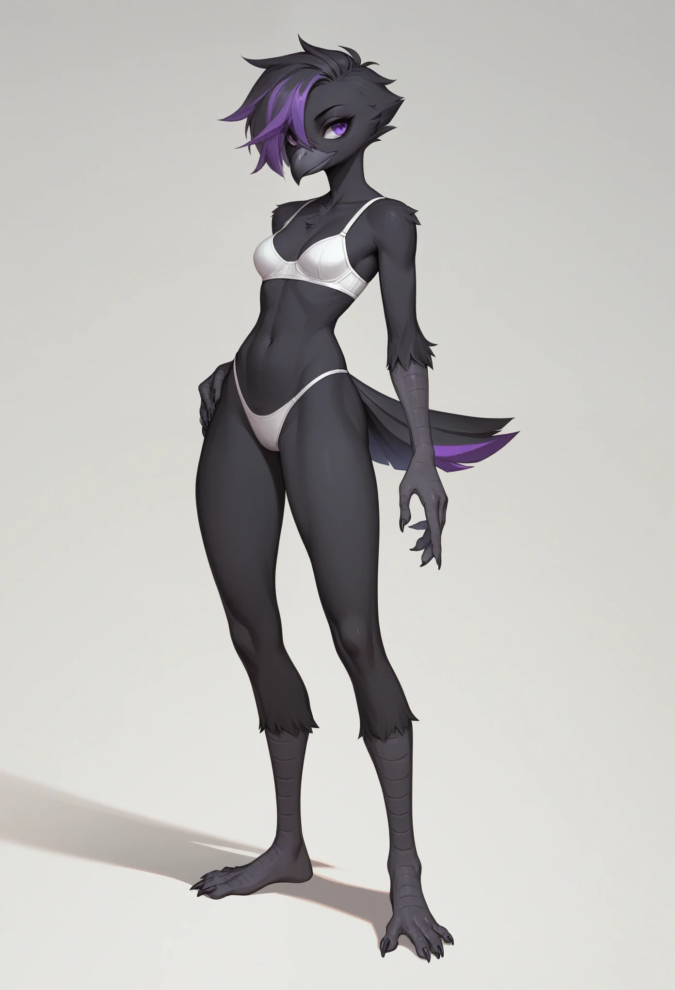 Score_9, score_8_up, score_7_up, flat colors, an Anthro avian crow girl, female, small grey beak, tall, small crow tail, black body, standing, white background, purple eyes, short black emo hair, purple highlights in hair, hands with five fingers, wearing white bra, white thong, full body shot, barefoot, bird leg texture, bird arm texture, 5 toes, toe claws