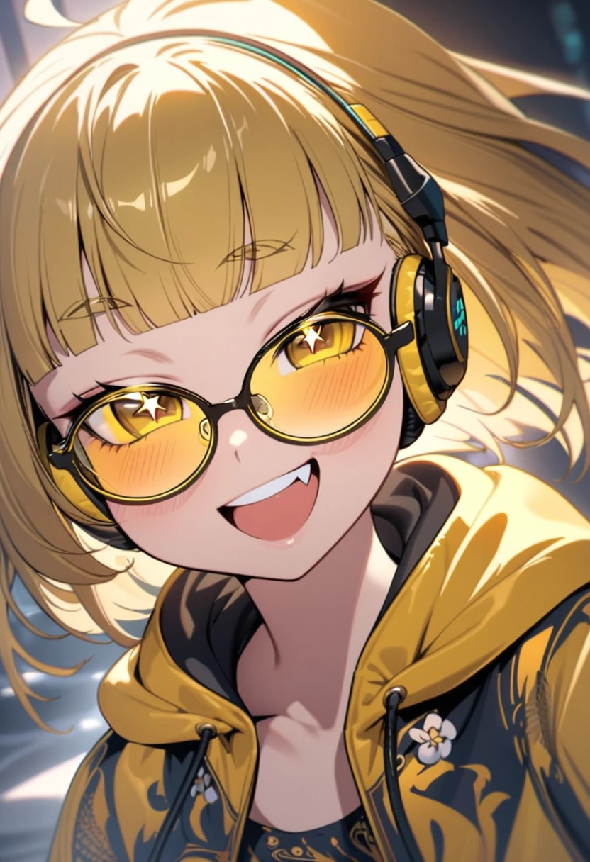 masterpiece, best quality, 16K, absurdres, insanely detailed, aethetic, warrior, Chinese Zodiac, Chinese style, fang, short eyebrows, sparkling eyes, round eyebrows, 1girl, most beautiful korean girl, stunningly beautiful girl, gorgeous girl, 20yo, over sized eyes, big eyes, smiling, (((yellow glasses:1.3))), headphone, short hair, blunt bangs,
