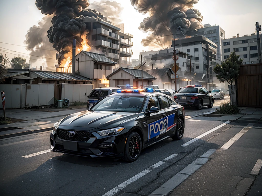 battlefield background。burning residential building，burning police car and