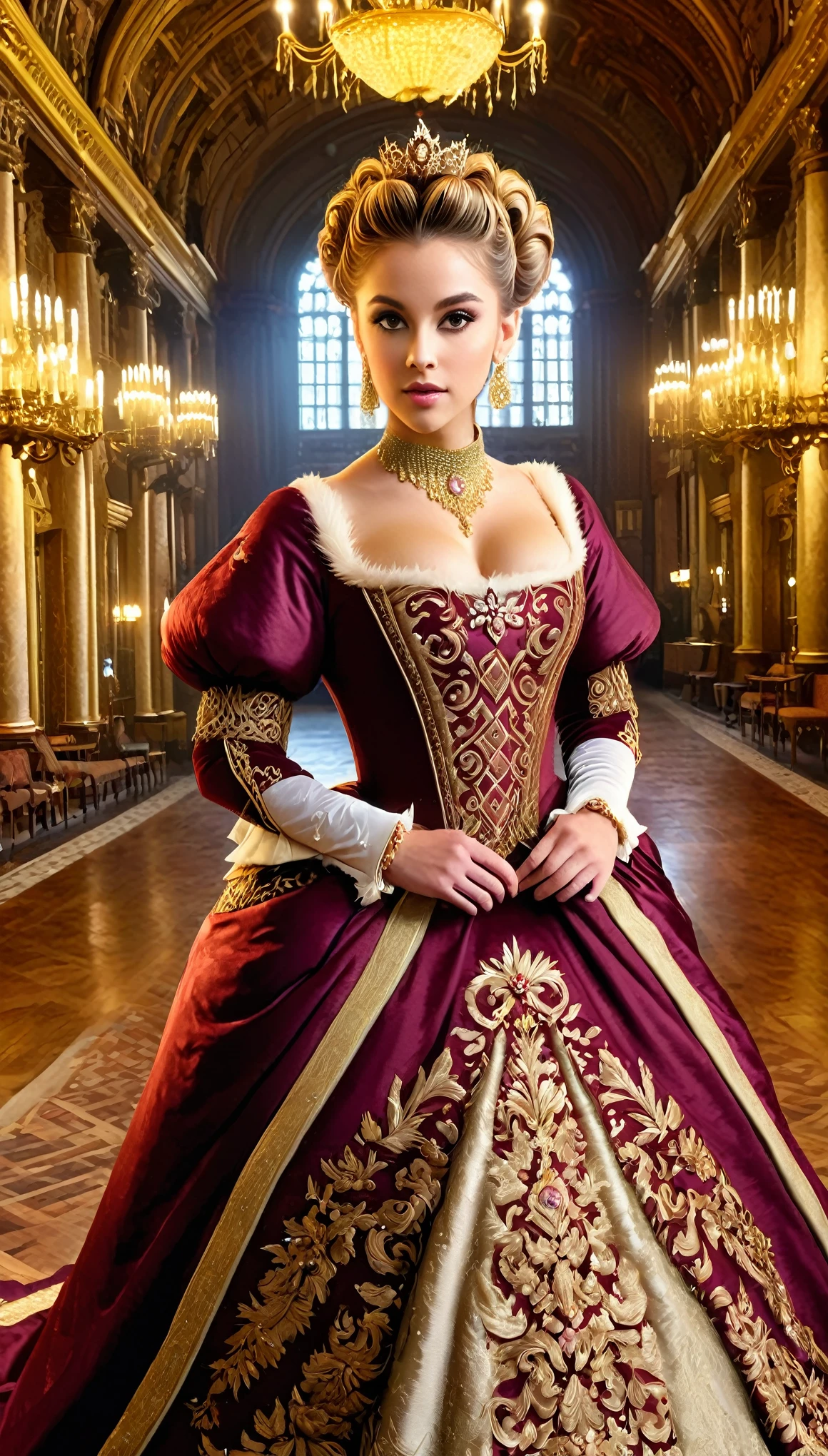 A Renaissance-inspired scene of a woman in a regal gown with rich, textured fabrics. The gown transitions from deep burgundy to gold, adorned with intricate embroidery and jewels. Her hair is styled in a regal updo, and she wears elaborate jewelry. The background features a grand Renaissance hall with detailed frescoes and opulent decor, creating a sense of historical grandeur