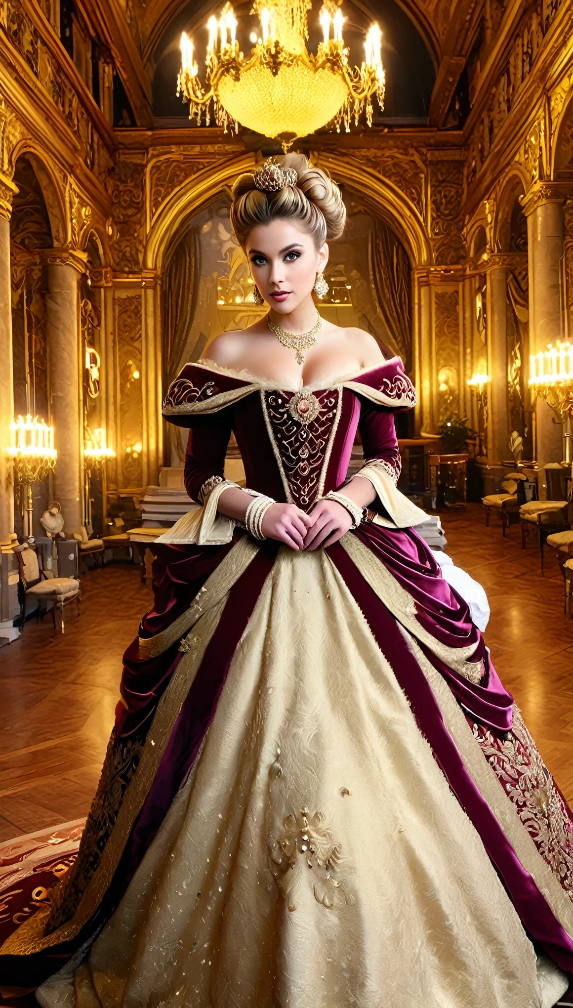 A Renaissance-inspired scene of a woman in a regal gown with rich, textured fabrics. The gown transitions from deep burgundy to gold, adorned with intricate embroidery and jewels. Her hair is styled in a regal updo, and she wears elaborate jewelry. The background features a grand Renaissance hall with detailed frescoes and opulent decor, creating a sense of historical grandeur