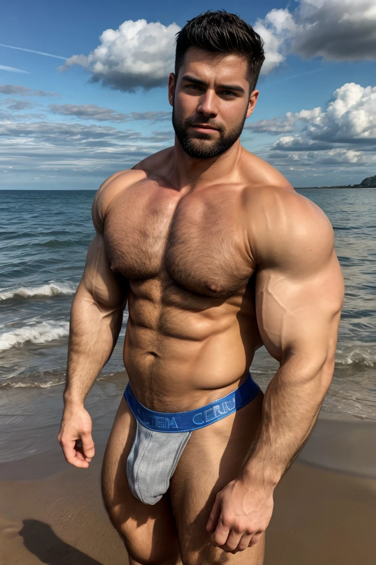 Ultra wide angle,(Medium shot of two handsome guys),twin,Male love,plump breasts,swelling of chest muscles,Full chest muscles,swelling of chest muscles,Sweat,Skin is moisturized and shiny,(face slimming),small head,short hair,beard,Sexy and charming expression,gloomy eyes,blue eyes,Naughty and cool,Handsome and cool guy, (Topless), ultra thin pantyhose,Big bag highlights,(Full chest muscles),(breast muscle swelling),Chest and belly hair,Topless,Skin smooth and hydrated,fiery, Super Sexy, Behind him is the sea, standing on a sandy beach by the ocean,There are flying fish and dolphins in the water,of a Topless, member, Very sexy,Blue sky and white clouds, member, looks hot, Strong smoldering, Attractive and good looking, 30 years old, Attractive man, sexy masculine, 8k reality, Ultra-detailed photos, Bulger j8,Perfect hand details,Perfect facial details