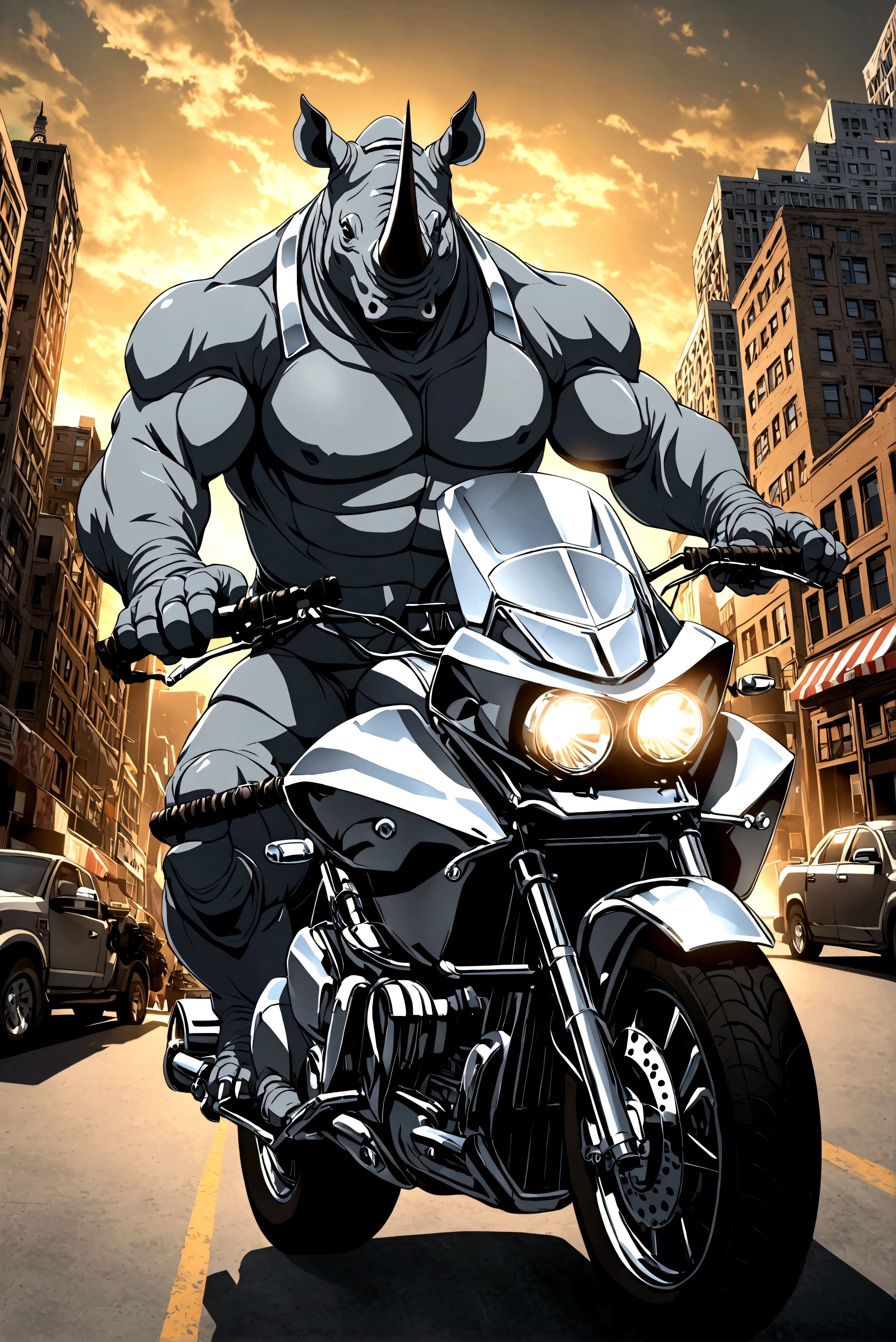 Marvel comic book villain Rhino (Gray Rhino suit) is riding on a huge scary motorcycle (Gray with black chrome, machine gun mounts, big rhino horn over headlight), downtown