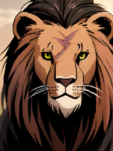 lion with a scrawny body, quite emaciated
of elegant thin black hair and tattered orange-brown skin and distinctive neon green almond-shaped eyes with numerous scars on his body, the most notable vertical one over his left eye, which is pink and slightly cloudy.