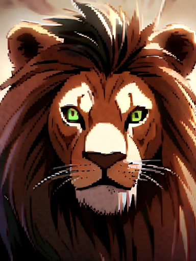 lion with a scrawny body, quite emaciated
of elegant thin black hair and tattered orange-brown skin and distinctive neon green almond-shaped eyes with numerous scars on his body, the most notable vertical one over his left eye, which is pink and slightly cloudy.