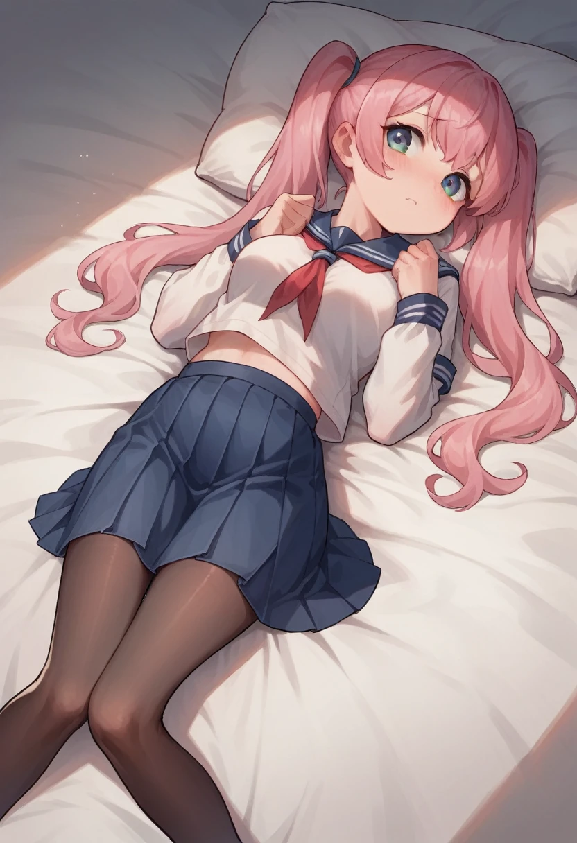 black pantyhose,li,sailor,skirt,cute,lying,,pink hair,twintails,,shy,medium breasts