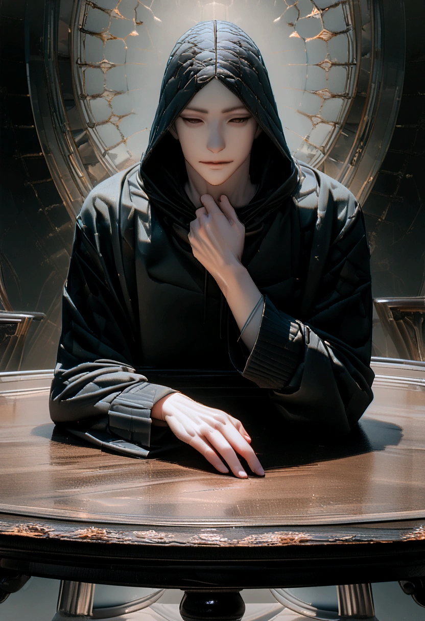 Solitary, Male focus, (On the table, Ultra-high quality, high resolution, 8K, complex: 1.2), (Delicate face:1.2), mystery, Adult male , , Delicate skin, 1 person, ((Practical)), (pensive poses),Hooded