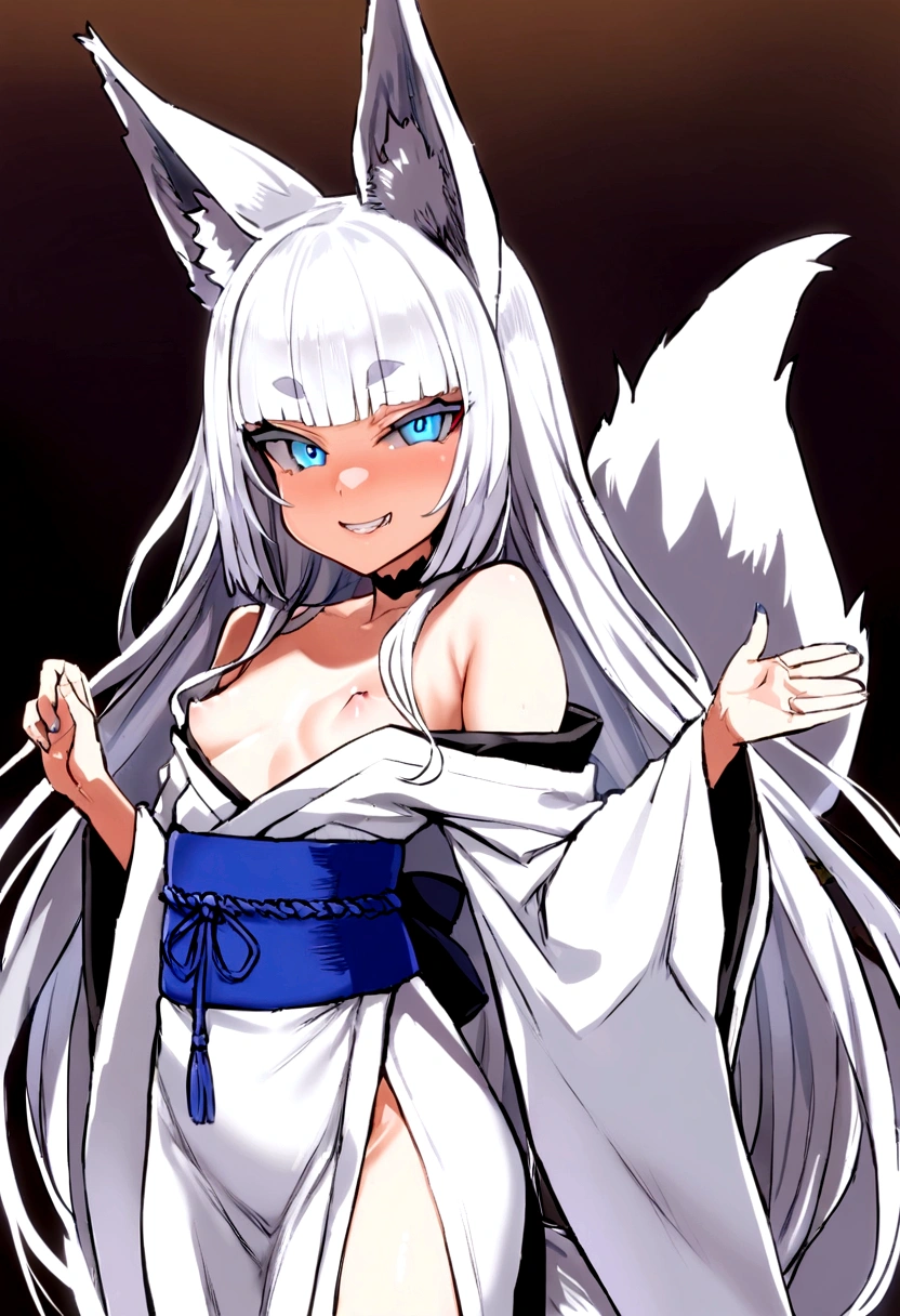 masterpiece, best quality,  kitsune 1girl, solo, beautiful kitsune woman, fox ears, bangs, white hair, very long hair, blue eyes, grin, small breasts, black choker, shoulderless kimono, white kimono, long kimono, long kimono sleeves, blue sash, 5 white fox tails, white hair, looking at viewer   