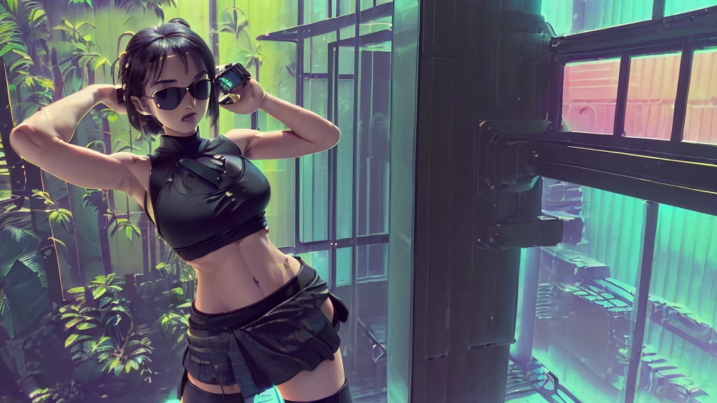 retrowavetech, virtual, House, (master part), no deserto, organic architecture, Floresta, Windows. sexy woman, tank top, (((miniskirt, black sunglasses, pistol shooting pose, standing, leaning forward))), (((((half-body thigh level medium shot)))))