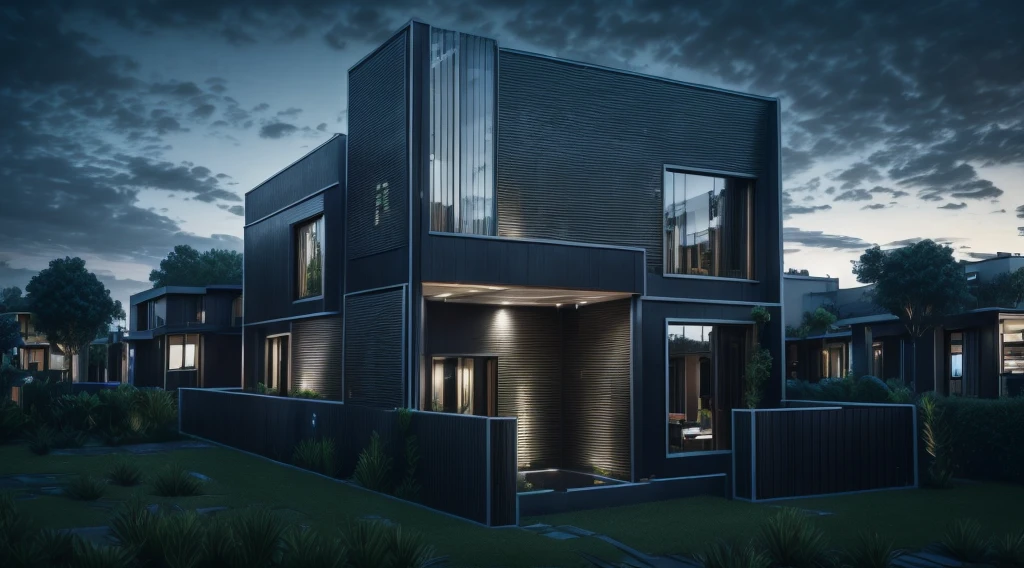 photorealistic, modern house,facade,modern,512k,high detailed, photoreal, award winning, large glass window on the right side, grass, plants, trees, evening, interior lights,(( multi color tiles façade))
award winning, extremely detailed,