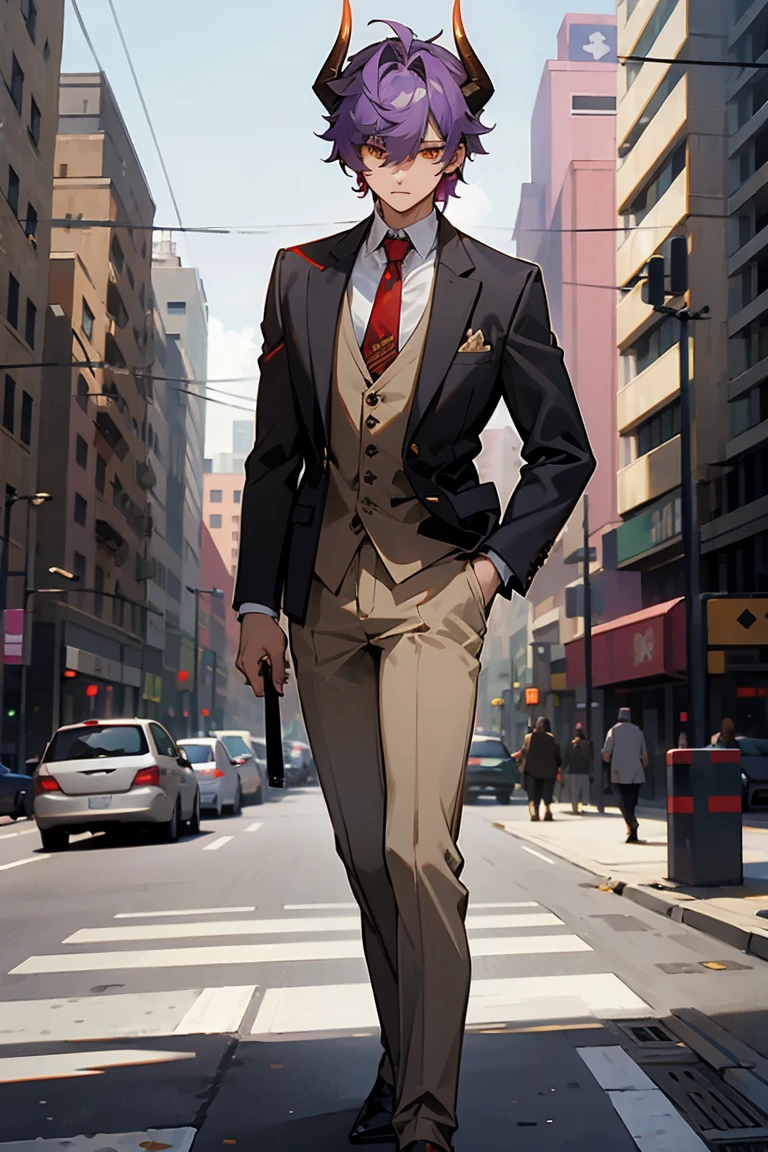 Purple Messy Hair ,Golden Eyes, Bull Horns , Undercut Hair , Tan Skin , Grey Blazer with a White button up and red tie , Dark Green Slacks , Modern City Background , Standing on sidewalk , Hair over eyes