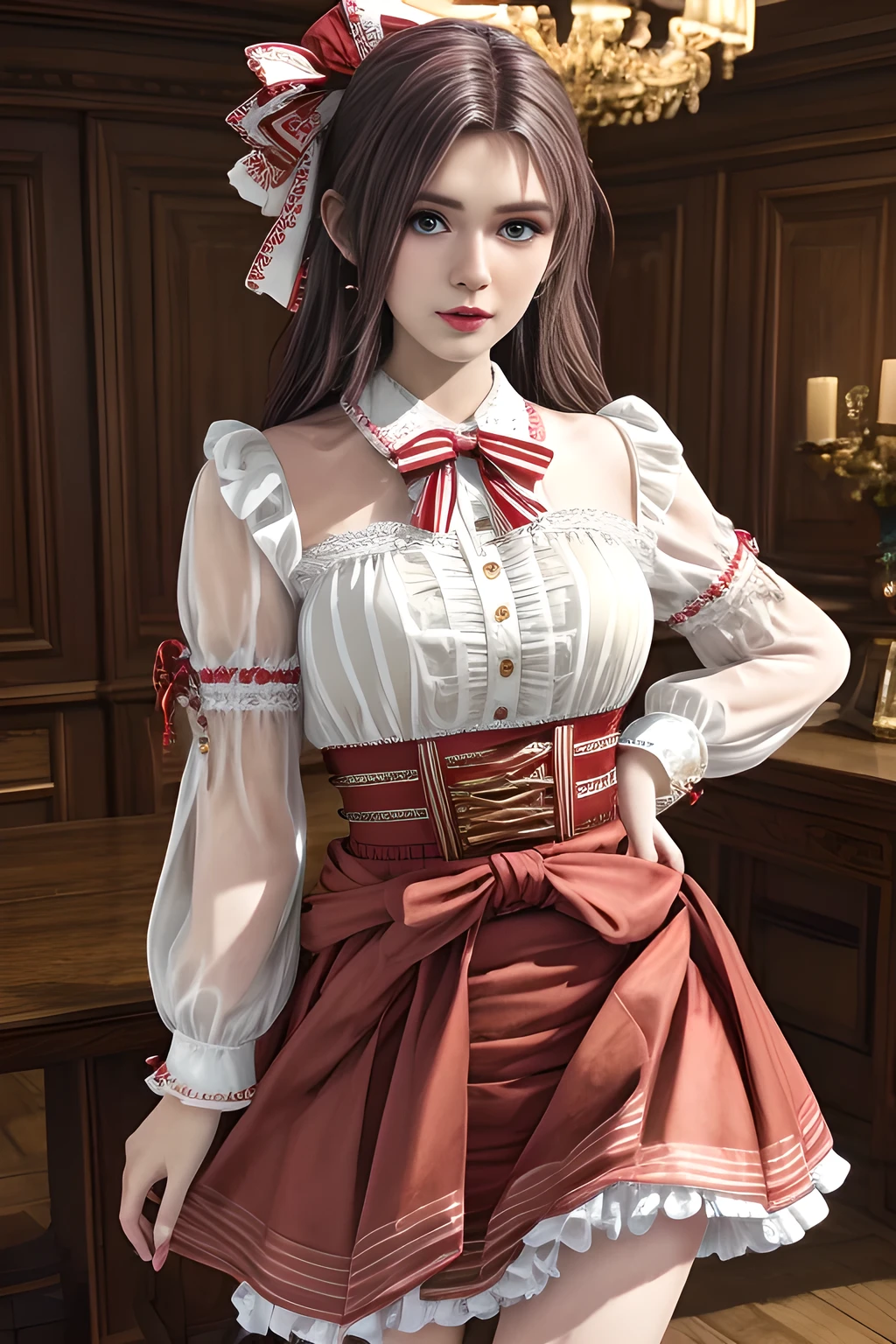 1girl,wearing a traditional-style outfit with a rich historical and folk-inspired aesthetic. Her white blouse features ruffled details and intricate embroidery, with red and white striped sleeves and ribbon embellishments on the upper arms. The red skirt is adorned with pleats and lace trims, and a brown belt with floral decorations and tassels wraps around her waist, adding a touch of authenticity to the look. The overall outfit exudes a sense of timeless charm and cultural heritage, ,beautiful detailed eyes, beautiful detailed lips, extremely detailed eyes and face, long eyelashes, (best quality,4k,8k,highres,masterpiece:1.2), ultra-detailed, (realistic,photorealistic,photo-realistic:1.37), sharp focus, vivid colors, HDR, studio lighting, physically-based rendering,elise