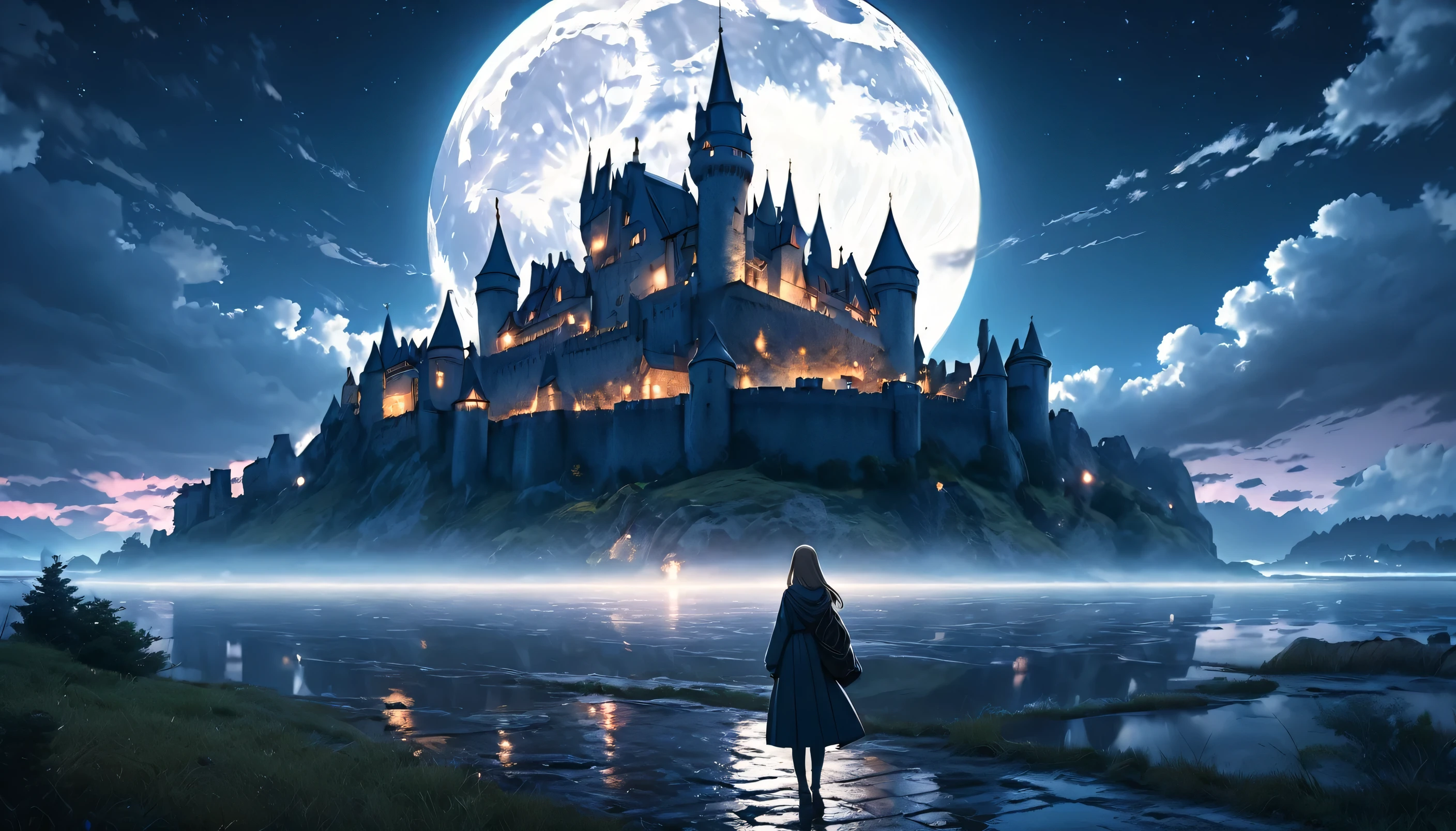 a beautiful night, a large full moon, an old castle, a traveling person, anime style, viewed from afar, ultra-detailed, realistic, photorealistic, 8k, best quality, masterpiece, vibrant colors, dramatic lighting, cinematic, fantasy