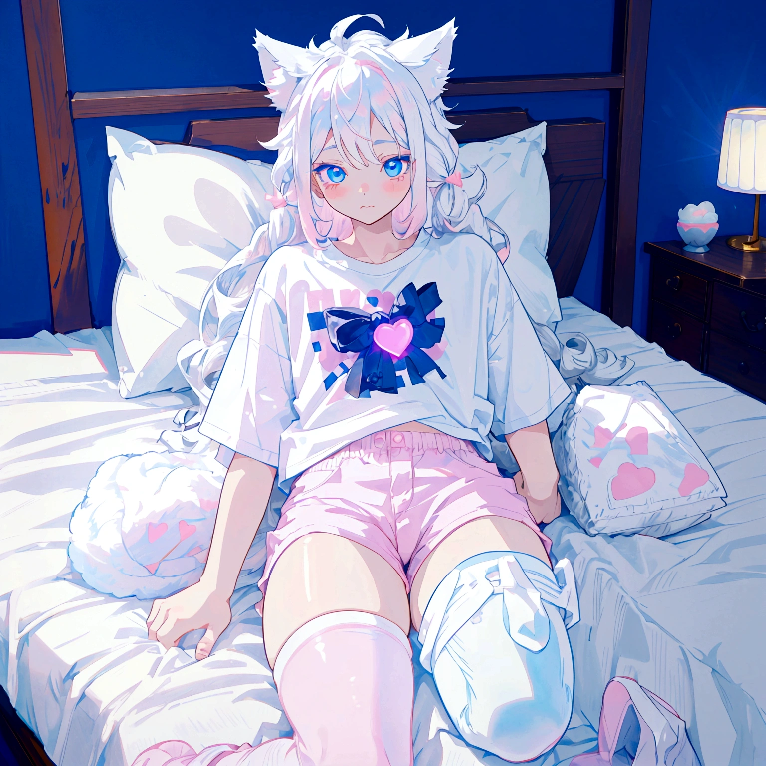 a cute adult male with wolf ears long white hair and a fluffy wolf tail, wearing pink micro shorts and a tight t-shirt with a heart logo on it, has glowing blue eyes, has very squishy thighs, wearing white thigh high socks, kawaii, on bed relaxing surrounded by plushies, solo, alone, (SOLO)(ALONE)