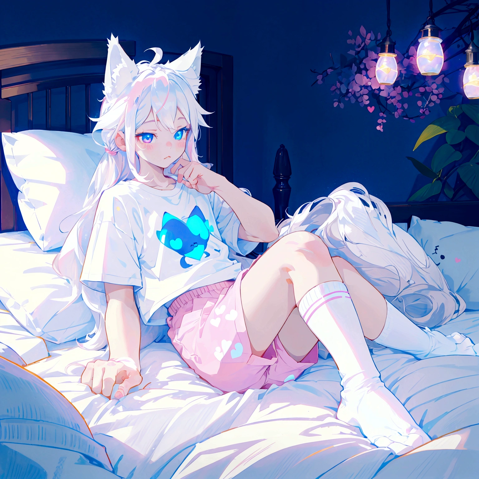 a cute adult male with wolf ears long white hair and a fluffy wolf tail, wearing pink micro shorts and a tight t-shirt with a heart logo on it, has glowing blue eyes, has very squishy thighs, wearing white thigh high socks, kawaii, on bed relaxing surrounded by plushies, solo, alone, (SOLO)(ALONE)