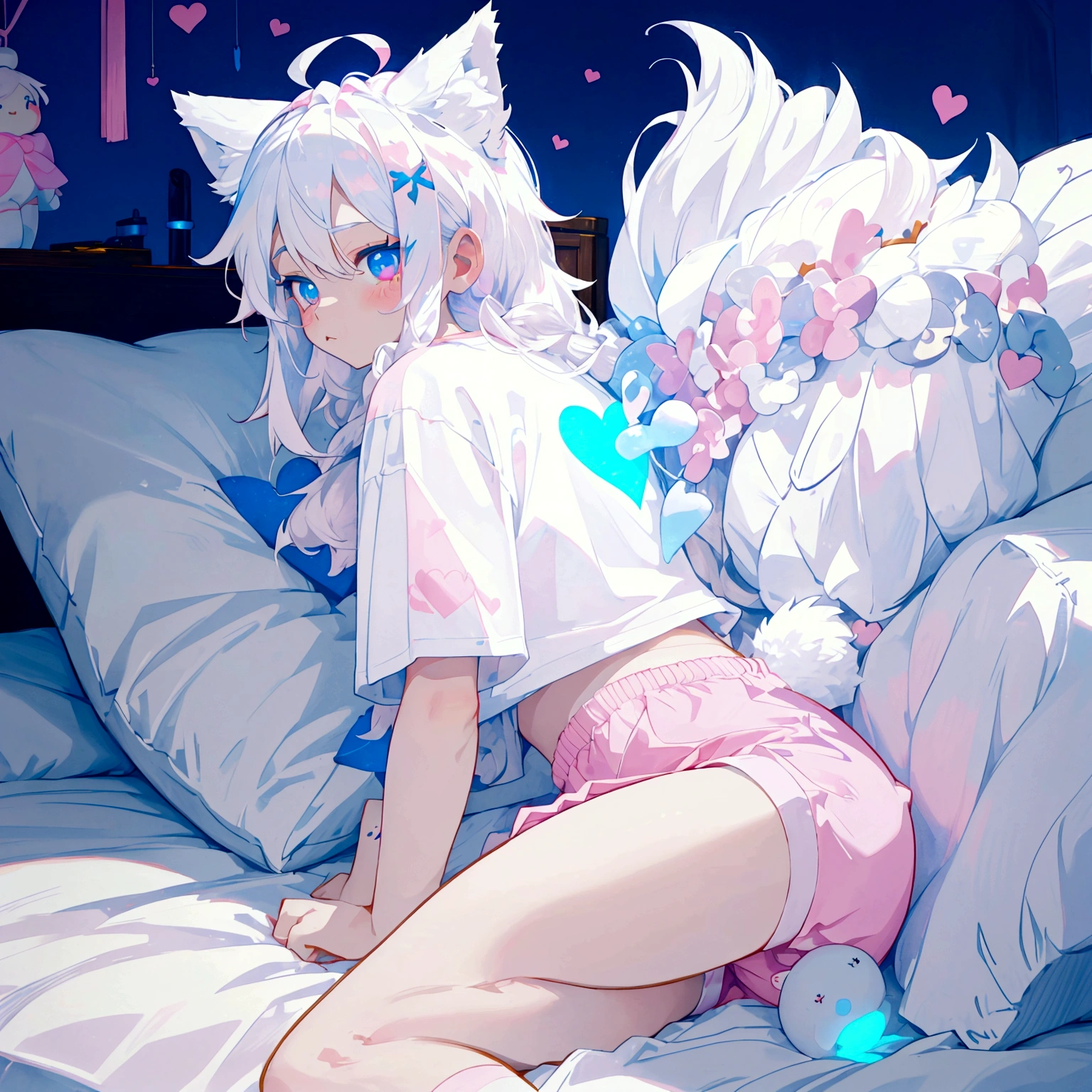 a cute adult male with wolf ears long white hair and a fluffy wolf tail, wearing pink micro shorts and a tight t-shirt with a heart logo on it, has glowing blue eyes, has very squishy thighs, wearing white thigh high socks, kawaii, on bed relaxing surrounded by plushies, solo, alone, (SOLO)(ALONE)