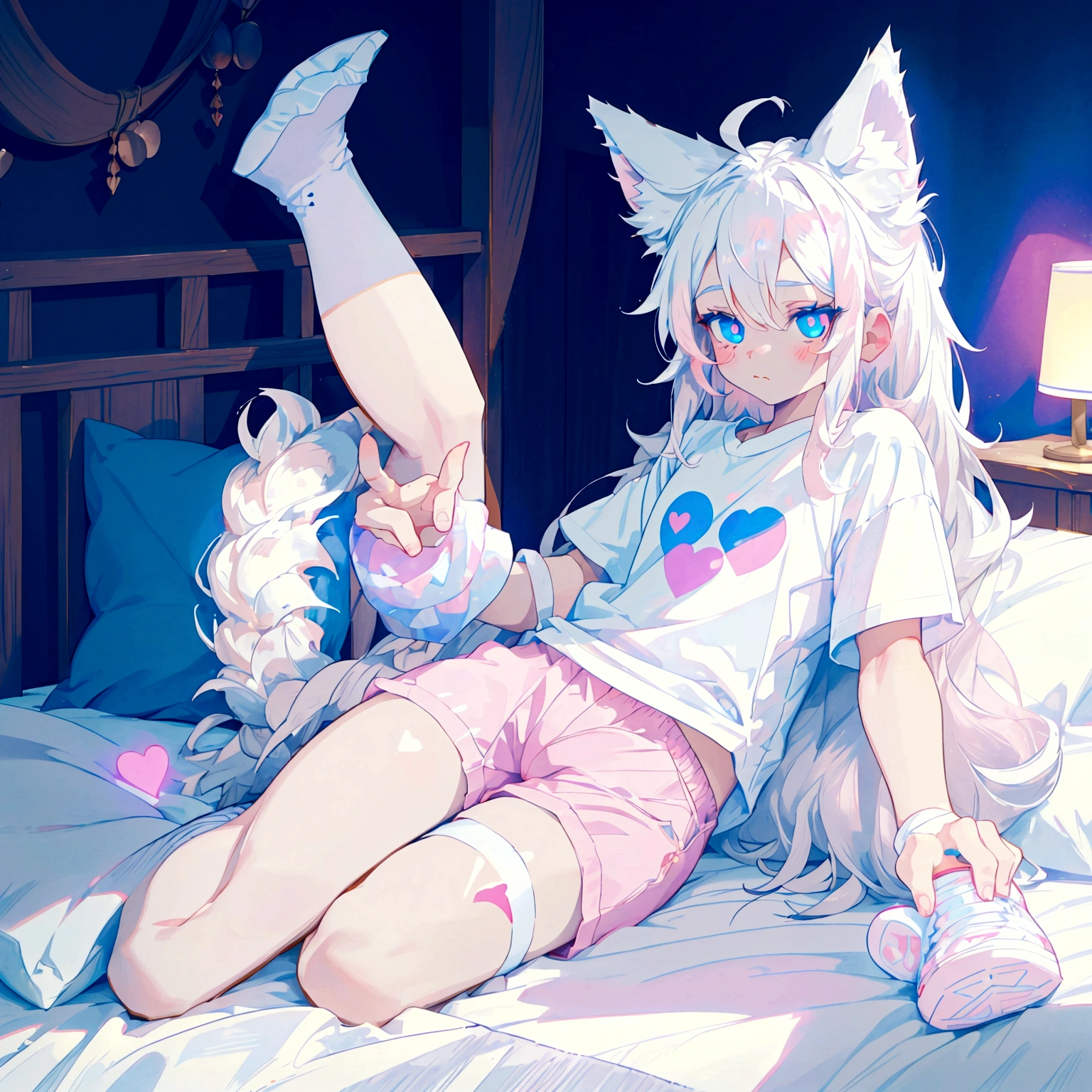 a cute adult male with wolf ears long white hair and a fluffy wolf tail, wearing pink micro shorts and a tight t-shirt with a heart logo on it, has glowing blue eyes, has very squishy thighs, wearing white thigh high socks, kawaii, on bed relaxing surrounded by plushies, solo, alone, (SOLO)(ALONE)