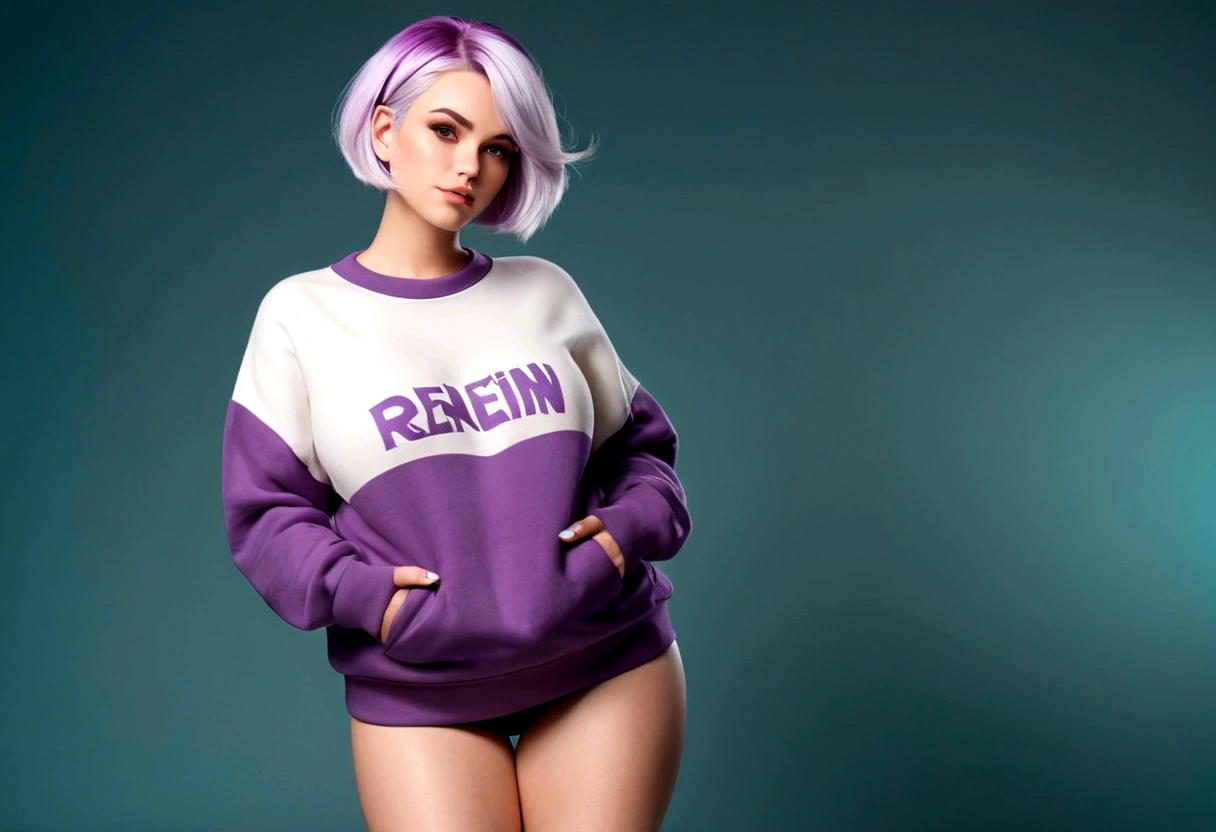 1woman, RENIN , short purple and white hair , (big boobies), Embarrassed face , sweatshirt , curvy girl, Legs long , hands on hips , barefoot