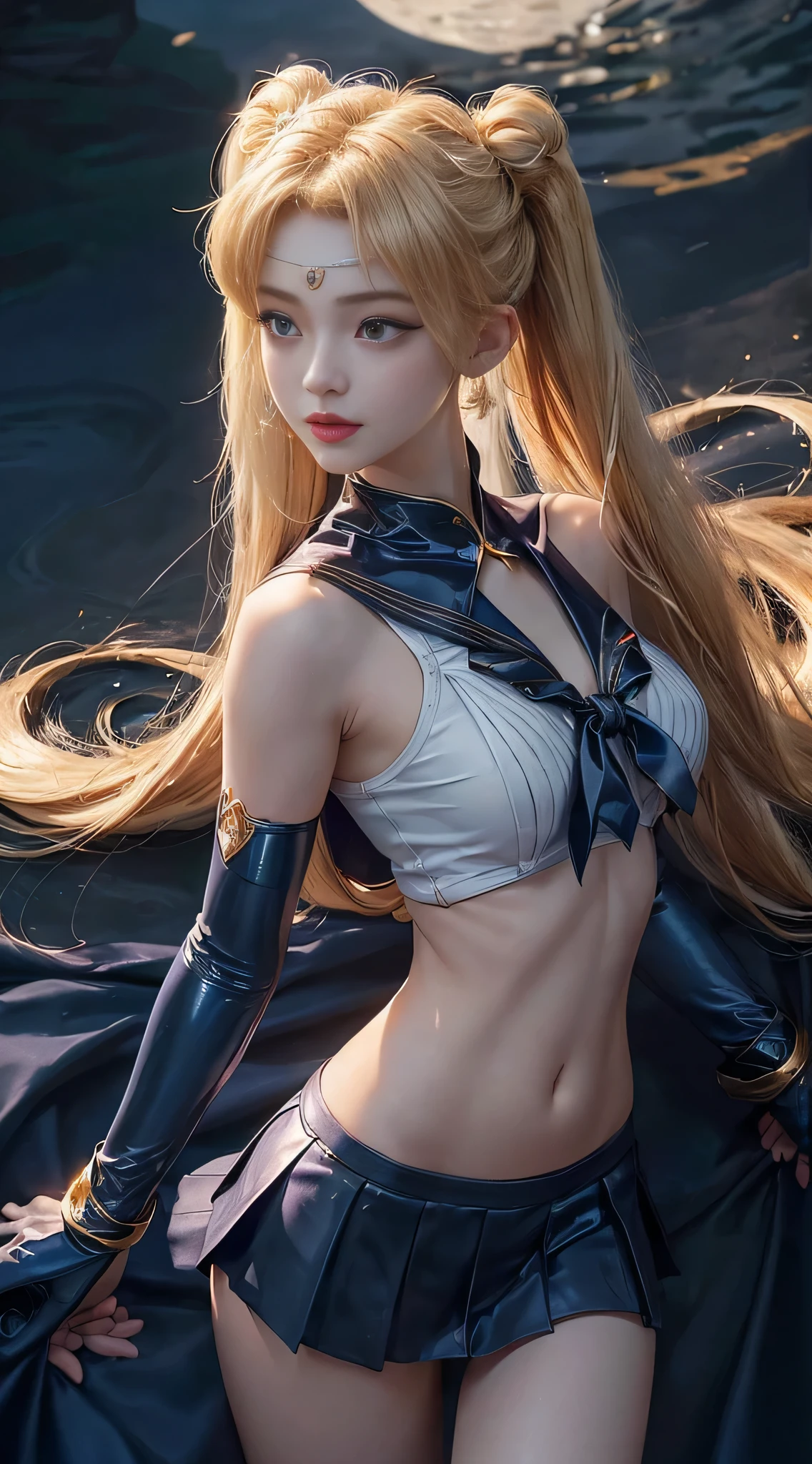 NSFW,table top、full:1.3、stand、8K、。.3d、realistic、super micro photography、highest quality、Wallpapers with extreme details CG Unity 8K、from below、intricate details、(1 female)、28 years old、(sailor moon:1.6 Super Bishoujo Senshi sailor moon Mer1、Meisha Onfu,Land、sailor warrior uniform Sailor:1.5、sailor moon:1.5,Eternal sailor moon)、(Incredibly long and bright blonde twintails:1.4、thin and very long straight twin tail blonde, bun hair、Red round hair ornament for hair bun)、((sailor warrior uniform、blue color,blue sailor collar,blue pregate mini skirt:1.5、Glossy blue pleated mini skirt:1.3、very large red ribbon on the chest,,,,,、white long latex gloves,red gloves on the elbows、A gorgeous golden tiara on the forehead、Ear Nipple Ring,luxury golden jewelry))、Extremely thin and fitted high gloss white holographic leather、High-gloss white latex high-leg swimsuit that shines like oil,(facial details:1.5、bright blue eyes、Beautifull expression、beautidfull eyes、iris outline, shining eyes、thin lips:1.5、thin and sharp pale eyebrows,、long and thick eyelashes、double eyelashes、thin, thin and muscular,,,、small face、tall and big breasts、perfect proportions、big breasts thin waist、sexy model posing、dynamic pose,visible pores、enchanting smile、perfect hands:1.5、octane rendering、very dramatic picture、(The divinity of the moon,space background、moonlight rays、moon、dynamic background、exquisite light and shadow、dynamic angle、detailed background),strong natural light、sunlight、Digital single-lens reflex camera、sharp focus: 1.0、maximum clarity and sharpness