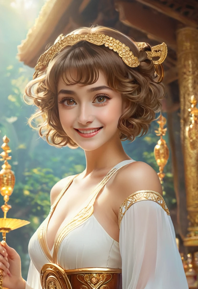 (shoot from front:1.2)Highest quality,4K,8K,High resolution,masterpiece,Has a shiny gem,goddess,Shrine maiden,short hair,Big eyes,Light brown hair,Mysterious atmosphere,smile,Small face,Gorgeous curly hair,Slim figure